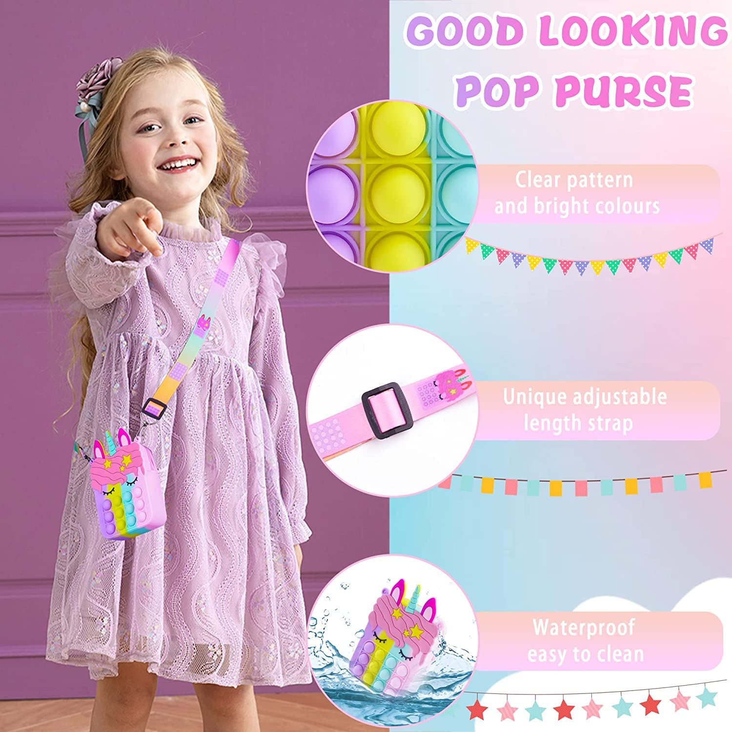 Party Propz Pop It Bag for Girls - 1Pc Unicorn Bags for Girls | Unicorn Bag | Popit Bag for Kids | Rainbow Purse for Kids | Unicorn Purse - Image 7 thumbnail