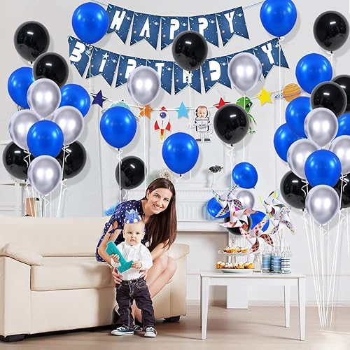 Miniatura 2 de Kit de arco de guirnalda de globos color negro, azul y plateado, globos plateados para niños, bebés, cumpleaños, videocámaras, cumpleaños,