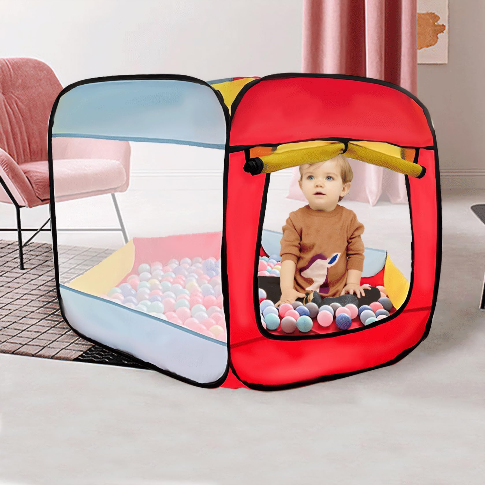 Piscina de Bolas para niños pequeños 53x31 Pulgadas Tienda de campaña Plegable de Malla ventilada para bebés con Cortina de Puerta Enrollable Tienda de Juegos Resistente para Interiores y exteri