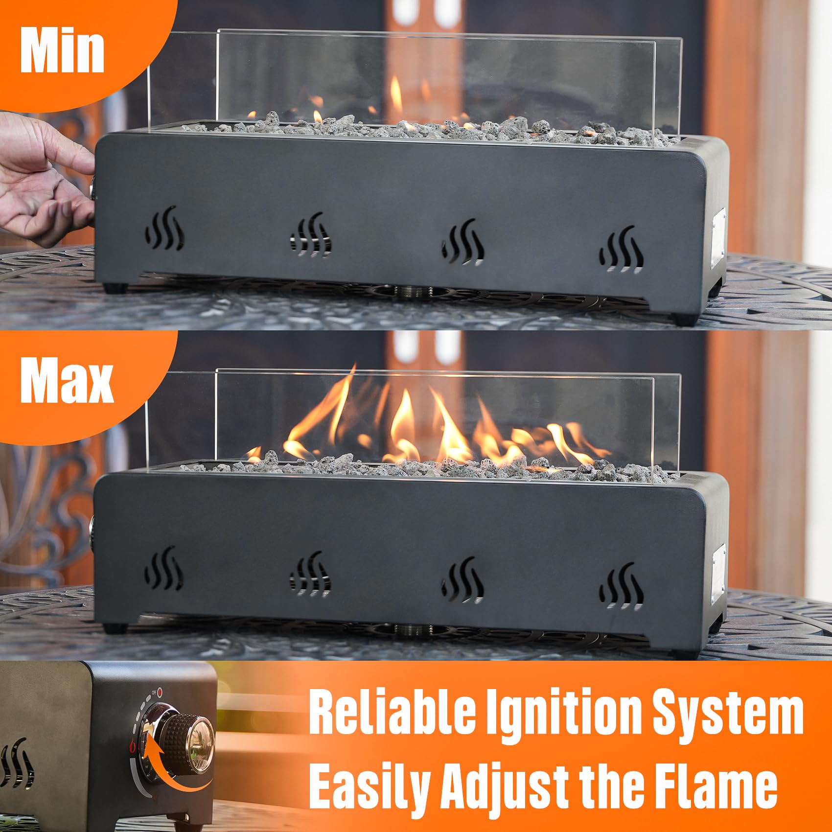 Onlyfire Foyer à gaz de table de 45,7 cm, chauffage de terrasse portable avec pierres de lave et pare-vent en verre pour terrasse, jardin, restaurant en plein air