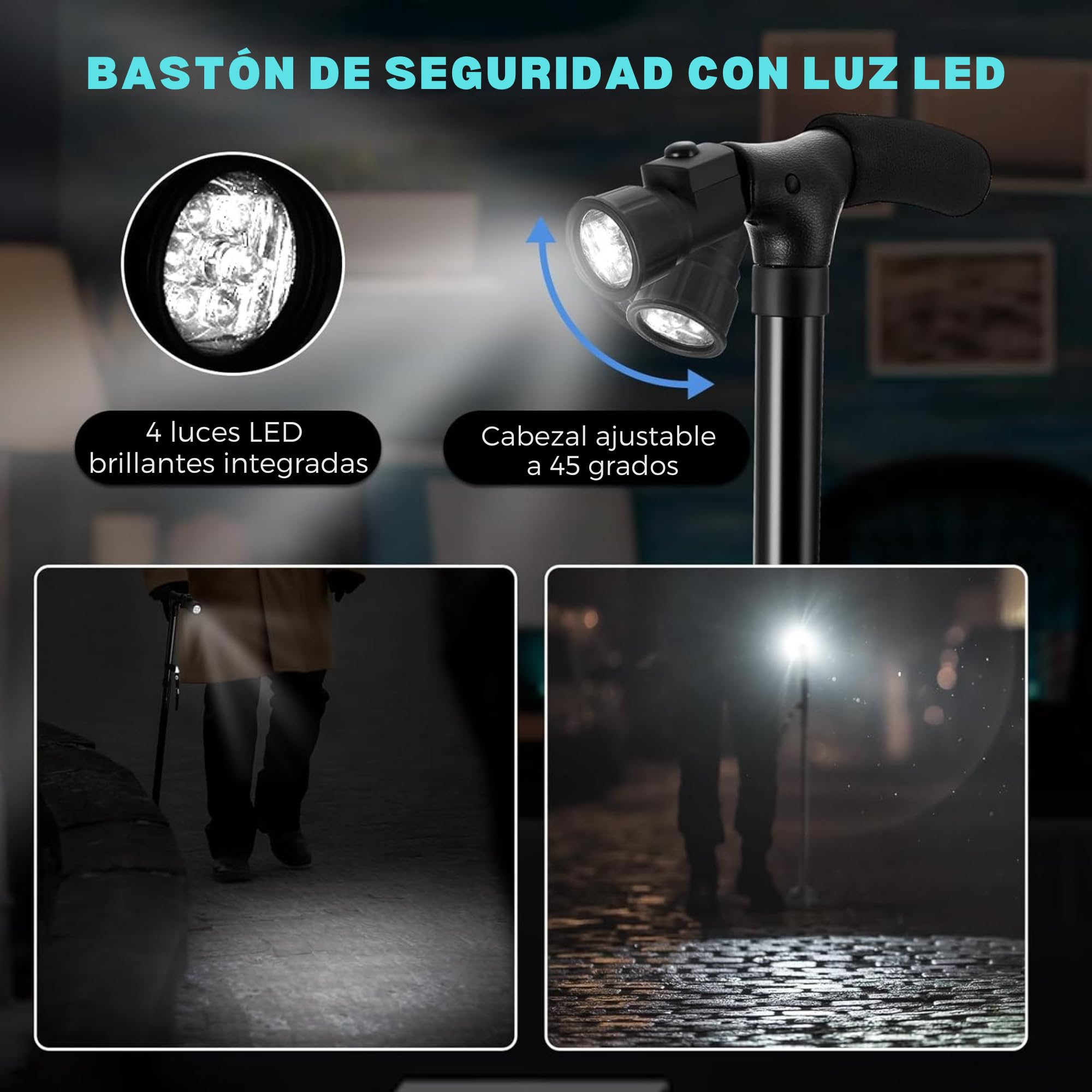 SMARTIA - Bastón Plegable con Alarma y Luz LED, Bastón para Mayores con Base Antideslizante y anticaidas, Altura Ajustable a 5 Niveles, Bastón para Mujer y Hombre, Materiales de 1ª Calidad