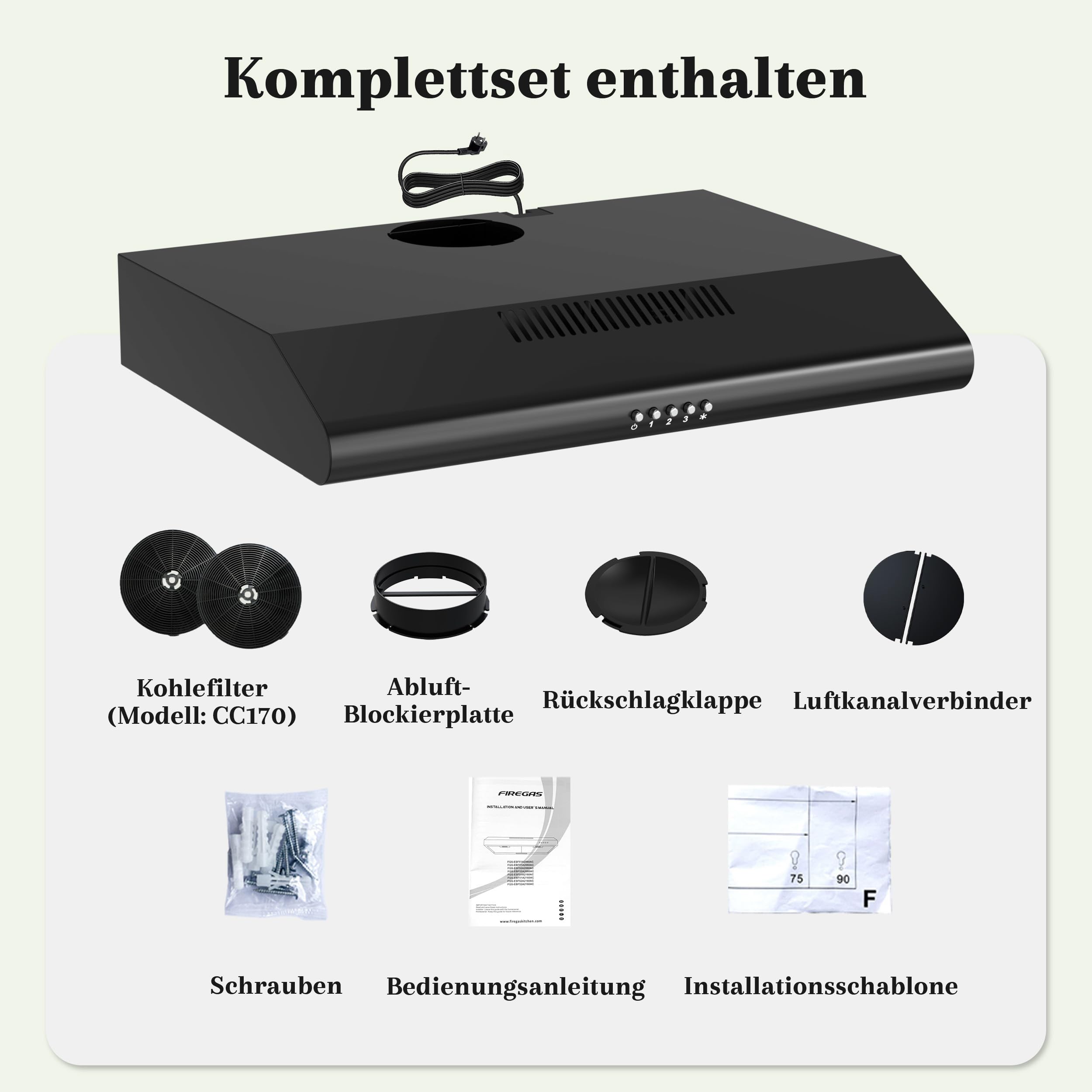 FIREGAS Dunstabzugshaube 60 cm Schwarz, 319 m³/h, Energieeffizienzklasse A++, bürstenloser Motor, Umluft & Abluft, 3 Stufen, leise, 2W LED