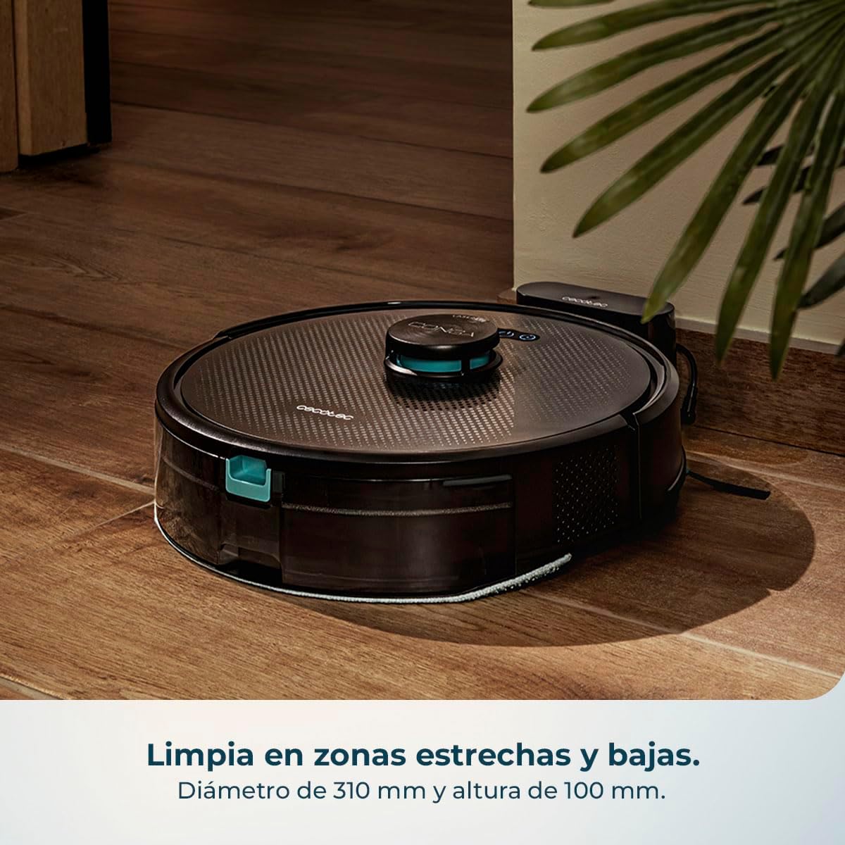 Cecotec Conga M50 X-Treme robot vacuum navigating under furniture, demonstrating its compact design with a 310mm diameter and 100mm height, allowing it to clean hard-to-reach narrow and low spaces.
