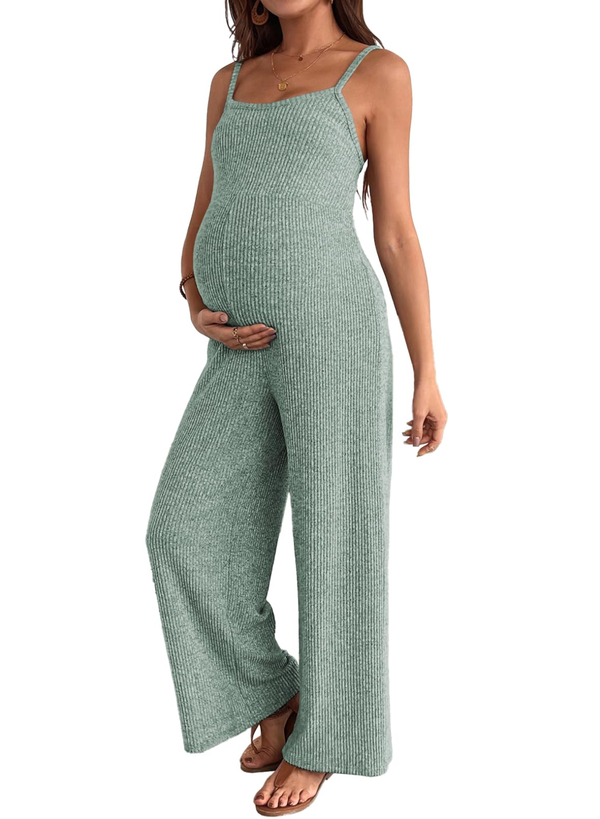 blencot Maternity Ribbed Jumpsuit Sleeveless Square Neck Wide Leg Stretchy One Piece Romper-picture-13