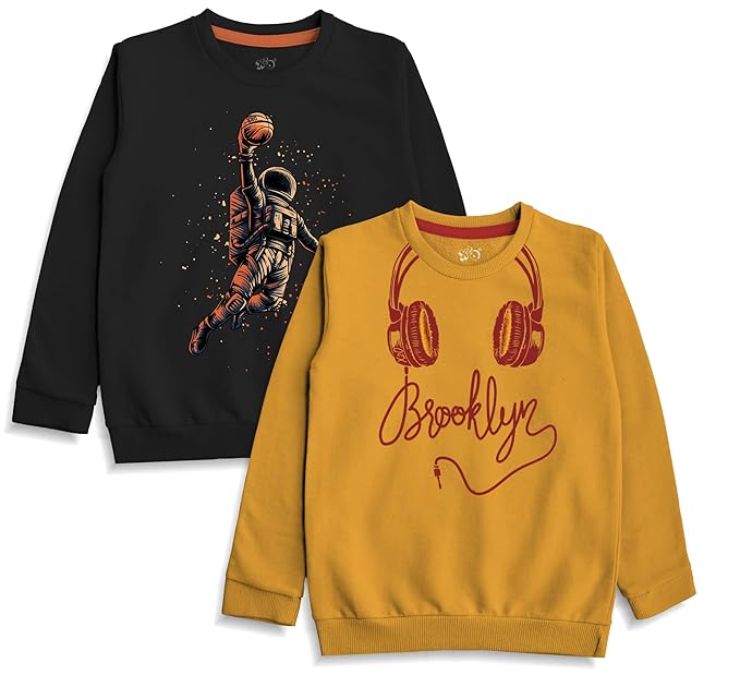 x2o Cotton Kids Sweatshirts with Round Neck and Ribbed Full Sleeves (Pack of 2) (Multicolor)