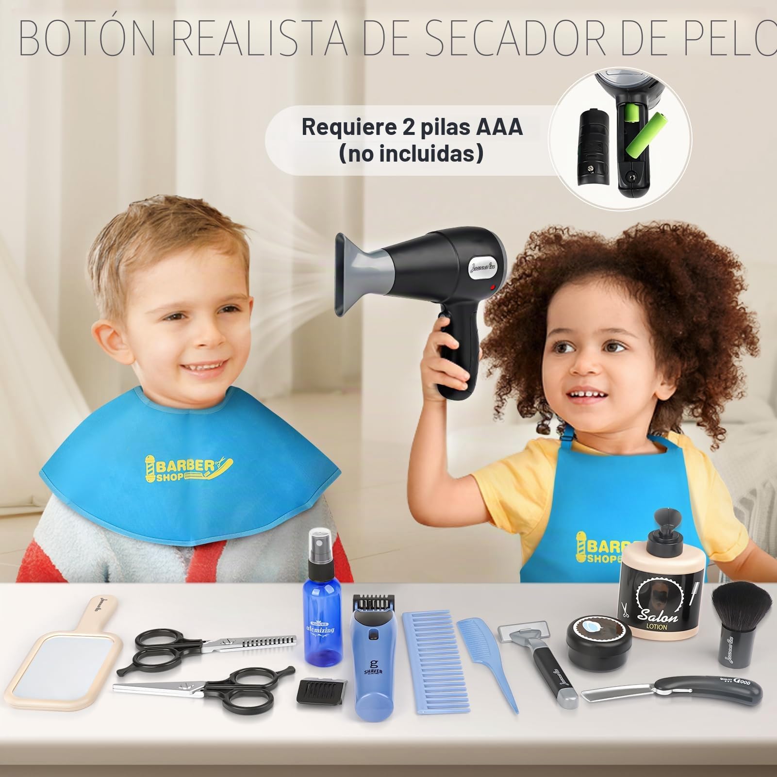 Sanlebi Barber Shop - Juguete de Simulación de Peluquería para Niños a Partir de 3 Años, Kit de Afeitado Con Secador de Pelo y Afeitadora Eléctrica