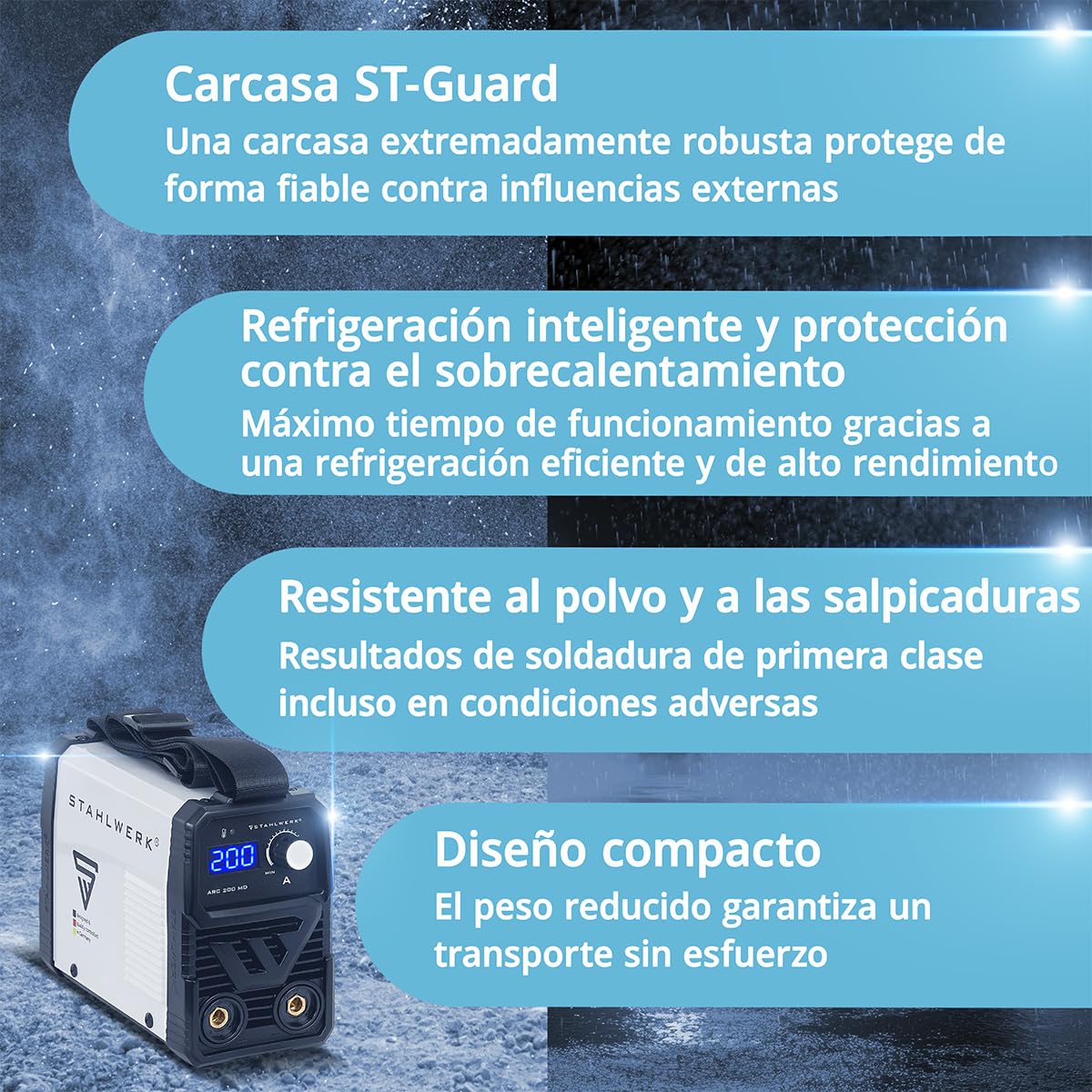 STAHLWERK Soldadora de electrodos 160 MD – Equipo completo con carro – Máquina de soldar MMA/Electrodo, 160 A, uso flexible sin gas, compacta y ligera, ampliable a DC TIG, refrigeración inteligente