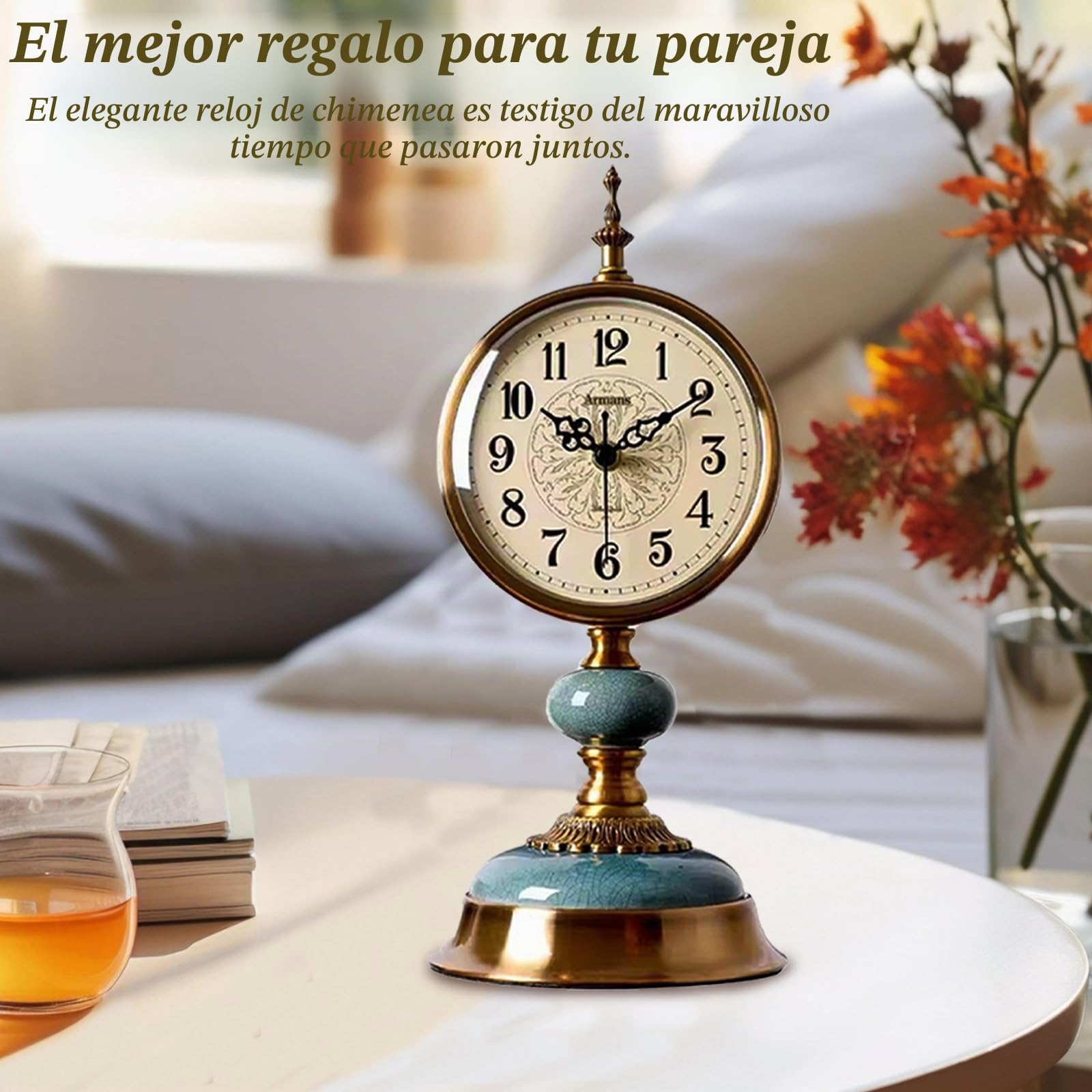 Reloj de mesa vintage, reloj de pie de latón antiguo, reloj de escritorio de metal antiguo, funciona con pilas, reloj de mesa de latón antiguo para salón, estantería, chimenea, oficina