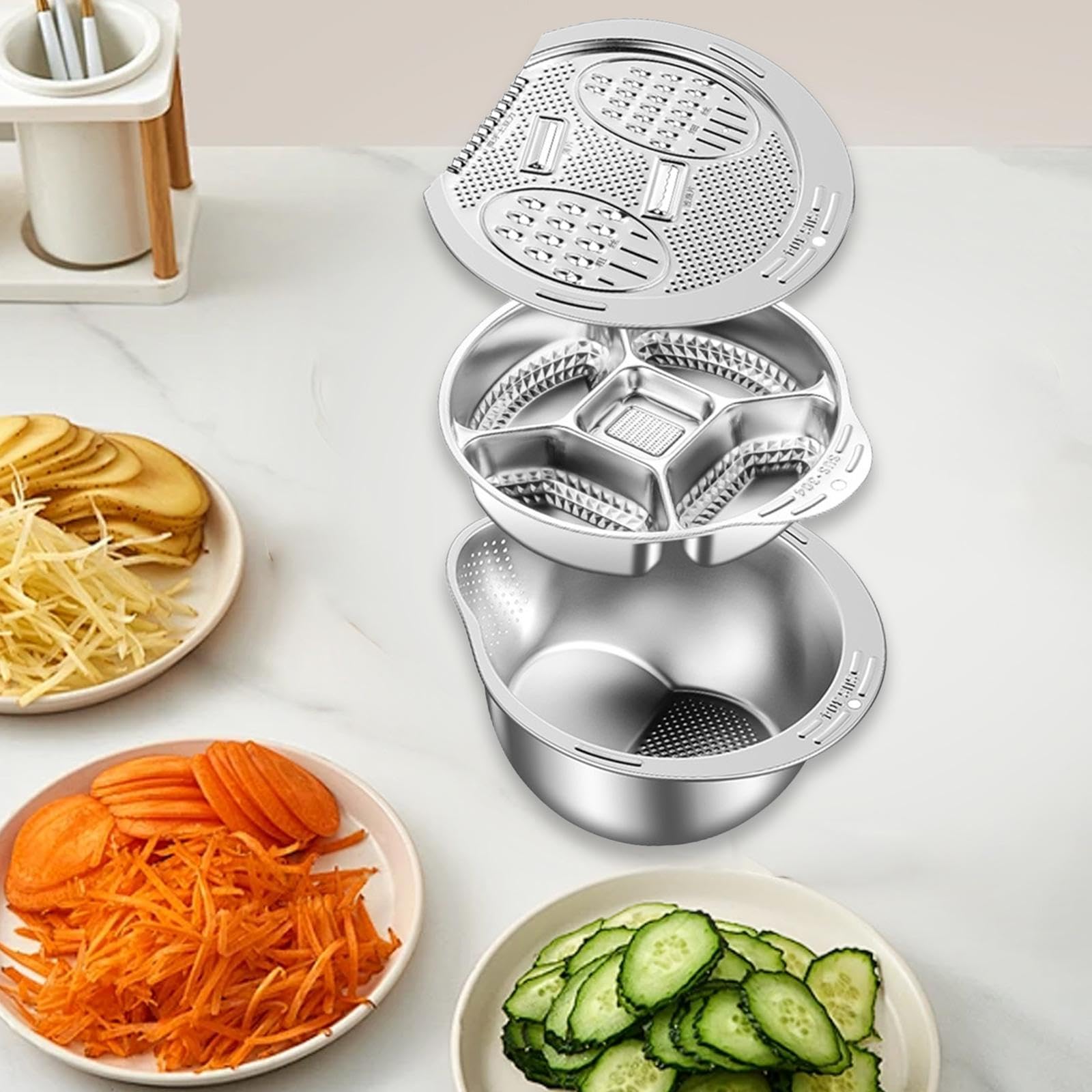 3-teiliges Küchensieb-Set aus Edelstahl, Reiswaschschüssel, vielseitiges Zubehör, Abflusskorb, stabile Reibe, Gemüsezubereitungsplatte, 304 Edelstahl