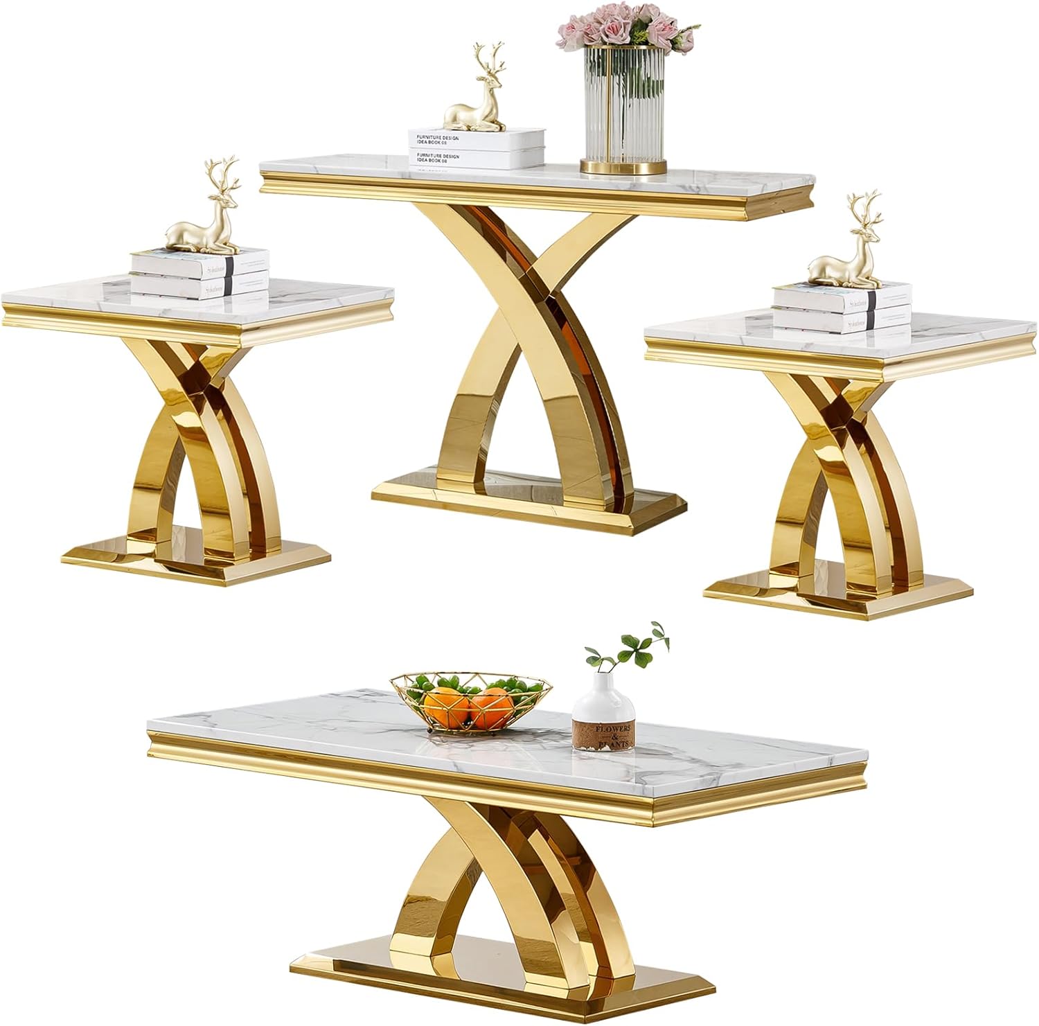 Modern White Gold Coffee Table Set of 4 Faux Marble Coffee Table Console Table and 2 End Table Set, Luxury 4 Pieces Living Room Table Set with X-Shape Stainless Steel Base for Home Office