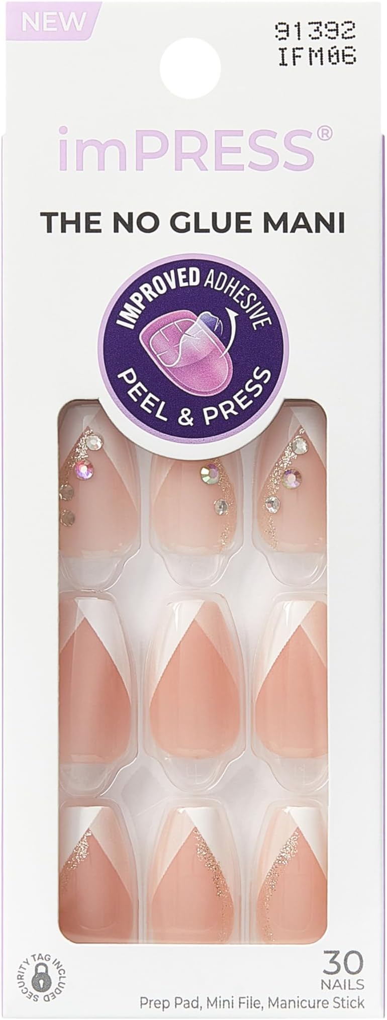 KISS imPRESS No Glue Mani Press On Nails, French, 'Glimpse', Light Neutral + White Tip French, Medium Size, Coffin Shape, Includes 30 Nails, Prep Pad, Instructions Sheet, 1 Manicure Stick, 1 Mini File