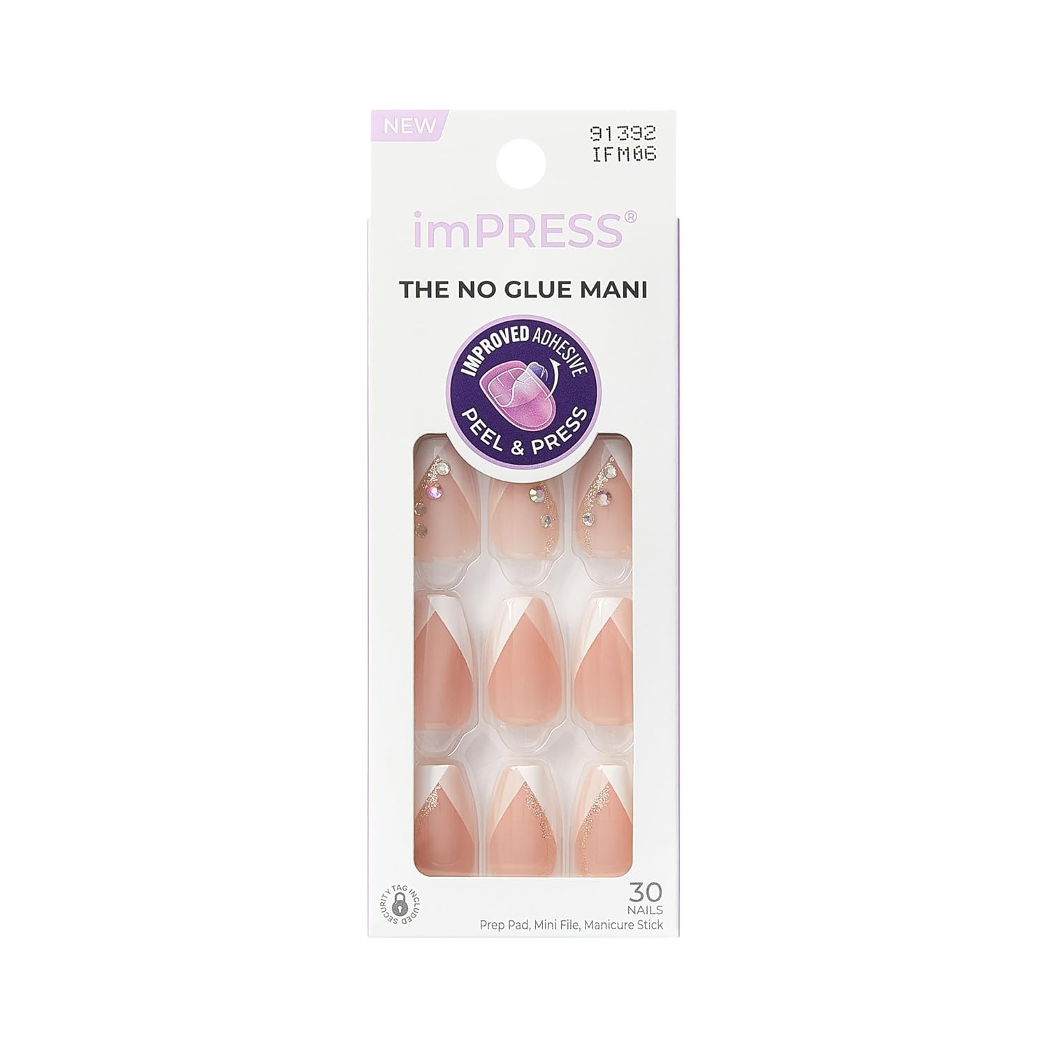 KISS imPRESS No Glue Press-On Nails French 'Glimpse' White Medium Coffin - Long-Lasting Mani Kit, 30 Nails, 4.5 Stars