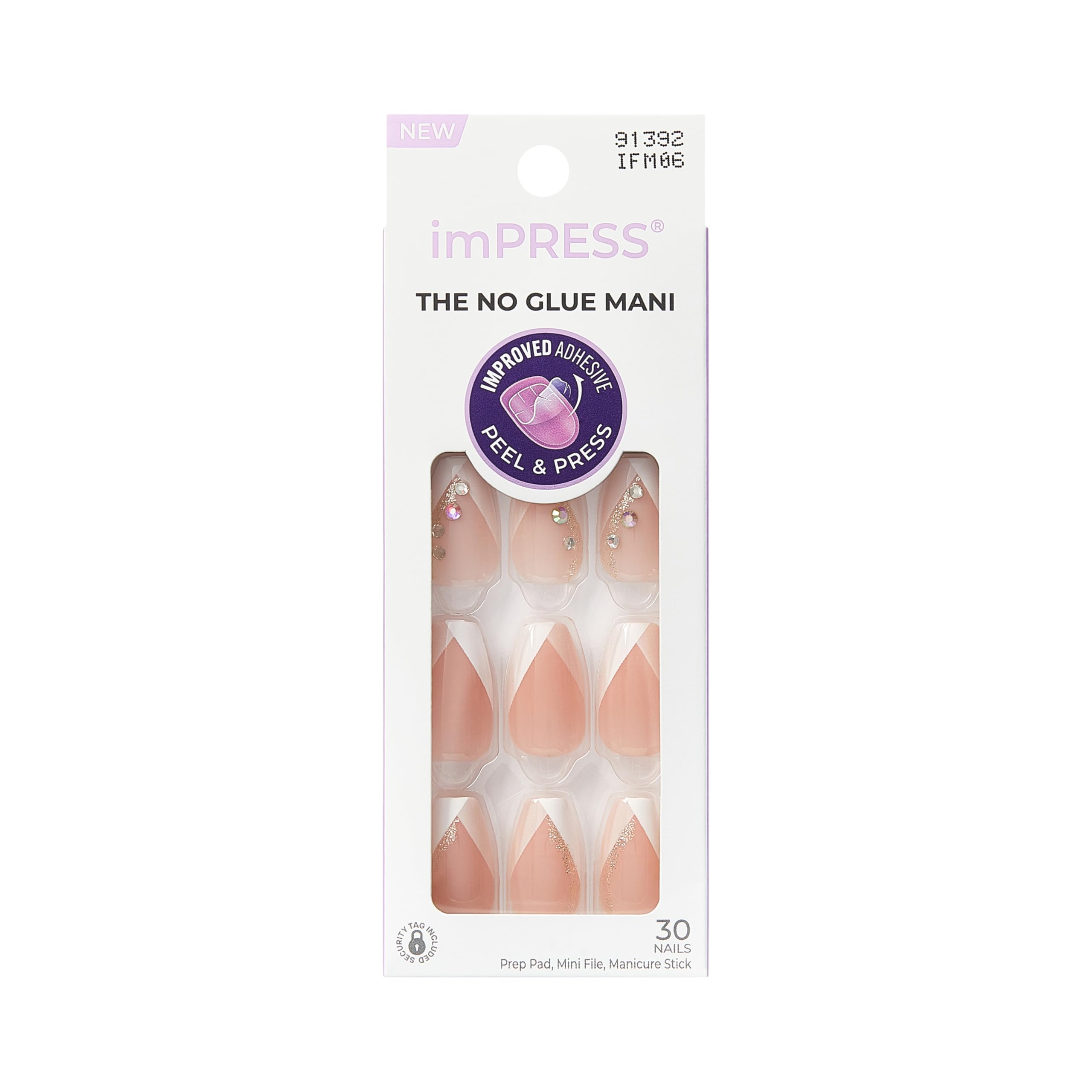 KISS imPRESS No Glue Mani Press On Nails, French, 'Glimpse', Light Neutral + White Tip French, Medium Size, Coffin Shape, Includes 30 Nails, Prep Pad, Instructions Sheet, 1 Manicure Stick, 1 Mini File