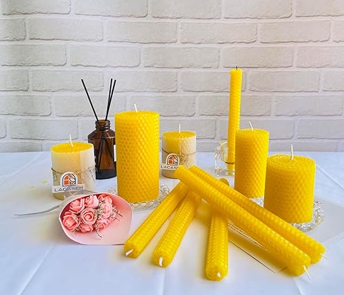 Miniatura 5 de Lacaser - Velas cónicas de cera de abejas de 2 piezas, velas largas de 9 pulgadas para candelabros en amarillo, sin aroma y sin humo, tiempo de