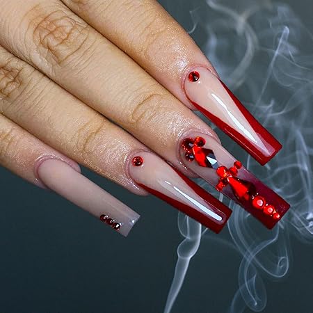 Amazon Com Yosomk Burgundy French Tip Long Press On Nails With 3d Rhinestones Designs Red False Fake Nails Acrylic Nails Press On Coffin Artificial Nails For Women Stick On Nails With Glue On