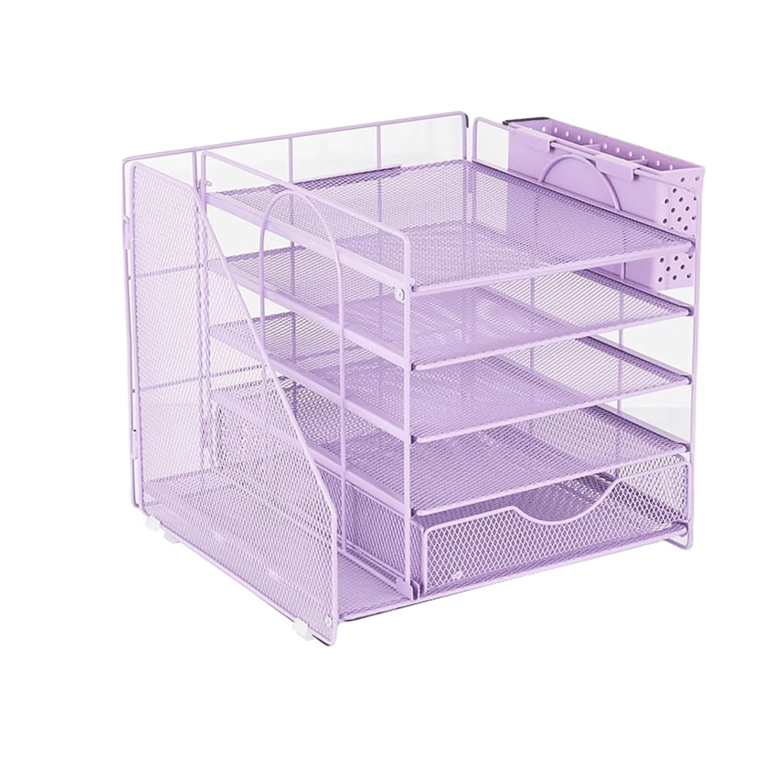 Organizer Scrivania Rete Metal, 5 Comparti Porta Organizzatore Scrivania Cassetto con 2 Portapenne per Casa Ufficio(Purple)
