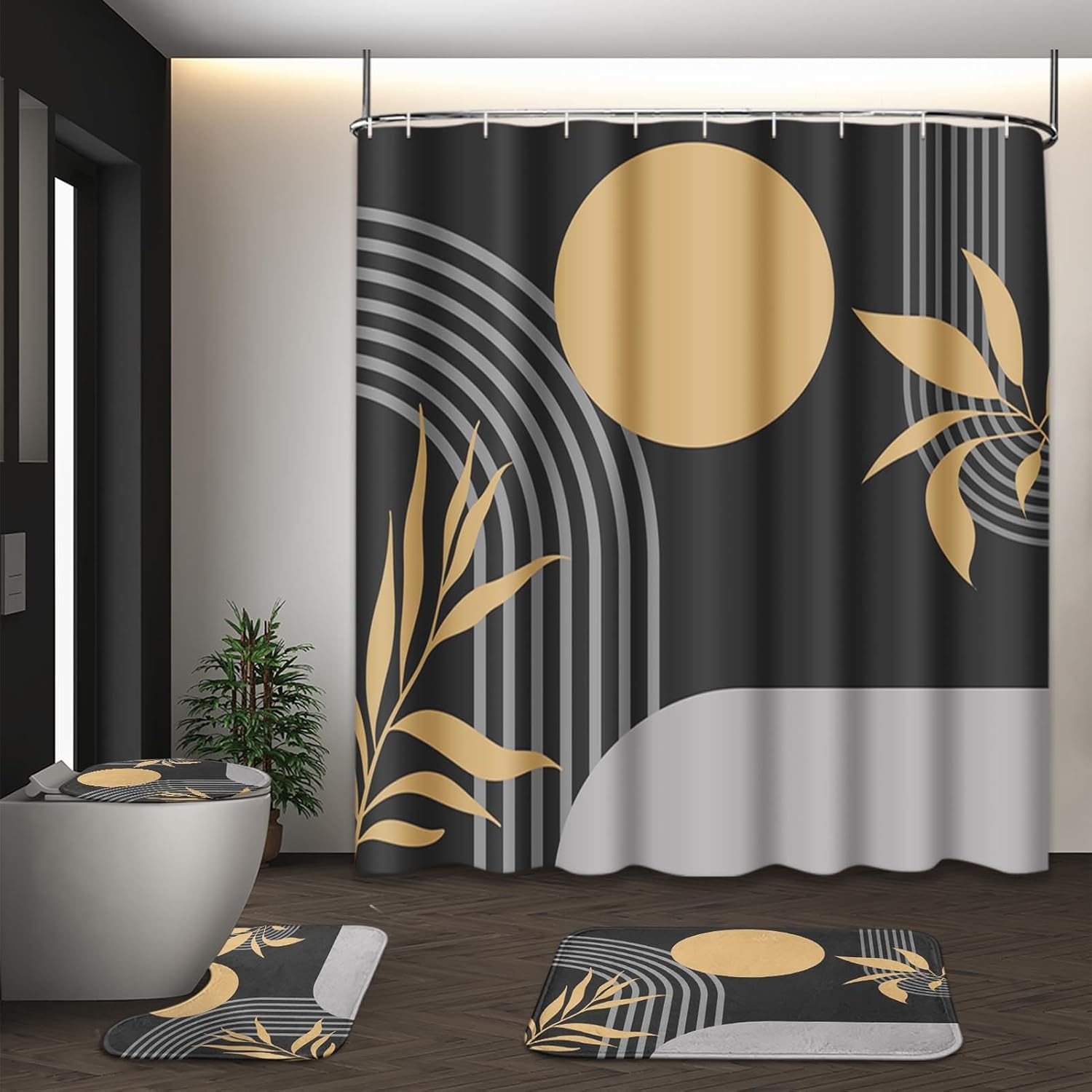 Boho Mid Century Shower Curtain Set with Toilet Lid Cover and Non-Slip Rugs, Abstract Geometric Grey Background 4 Pcs Modern Minimalist Shower Curtain for Bathroom Set with 12 Hooks