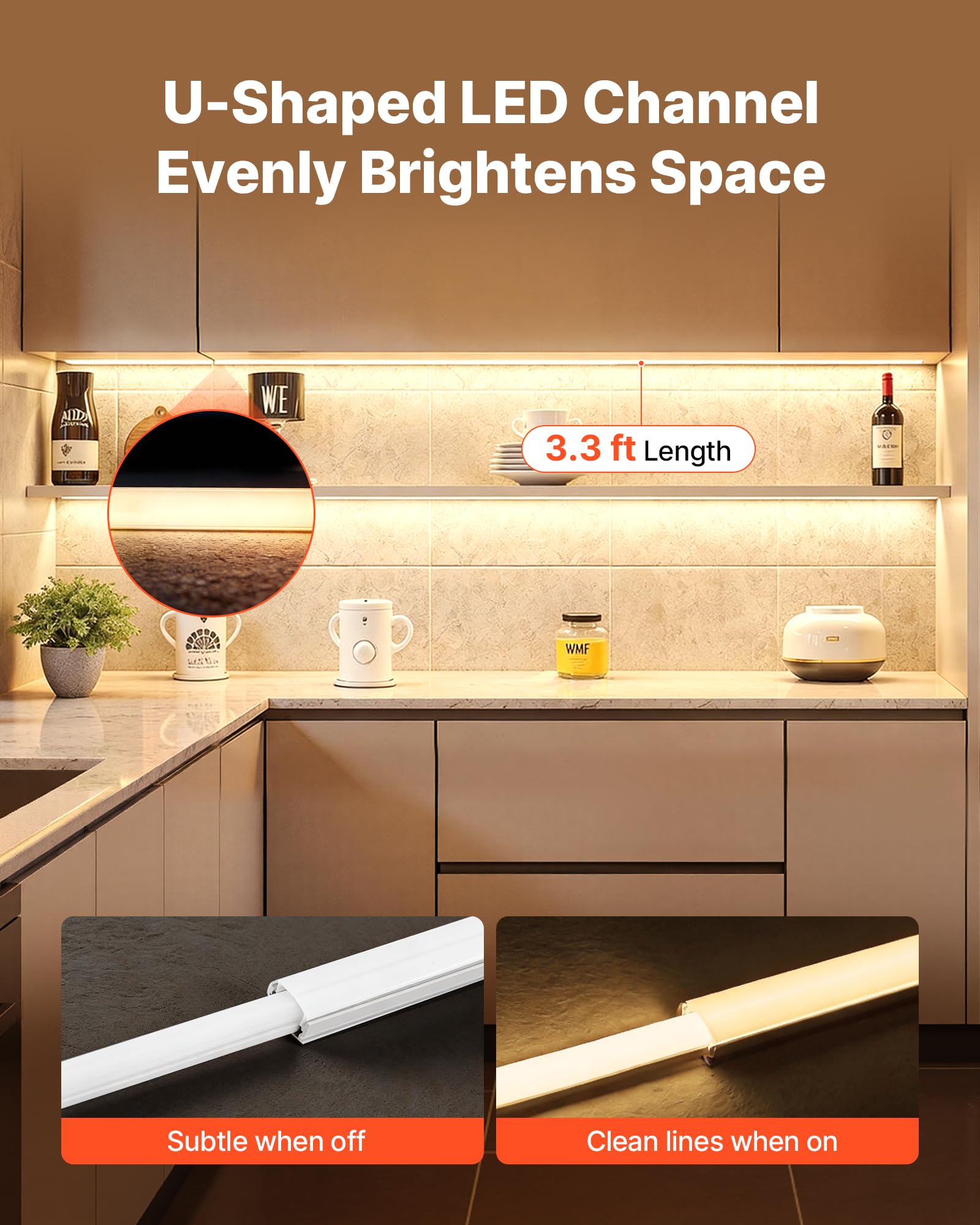 VEVOR Profilé Aluminium LED en U 1 m Lot de 10 Canal LED pour Ruban Lumineux Éclairage sous Meuble Cuisine, avec Diffuseur en PC Blanc Laiteux, Embouts et Clips de Fixation, Aluminium Anodisé Argent
