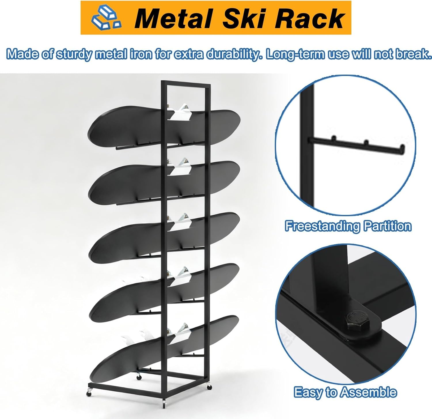 Freestanding Ski/snowboard Equipment Storage Rack, Movable Iron Snowboard Display Stand for Skis Resorts Shop, Ski Equipment Storage Cart(3 tier - Holds 3 Boards)