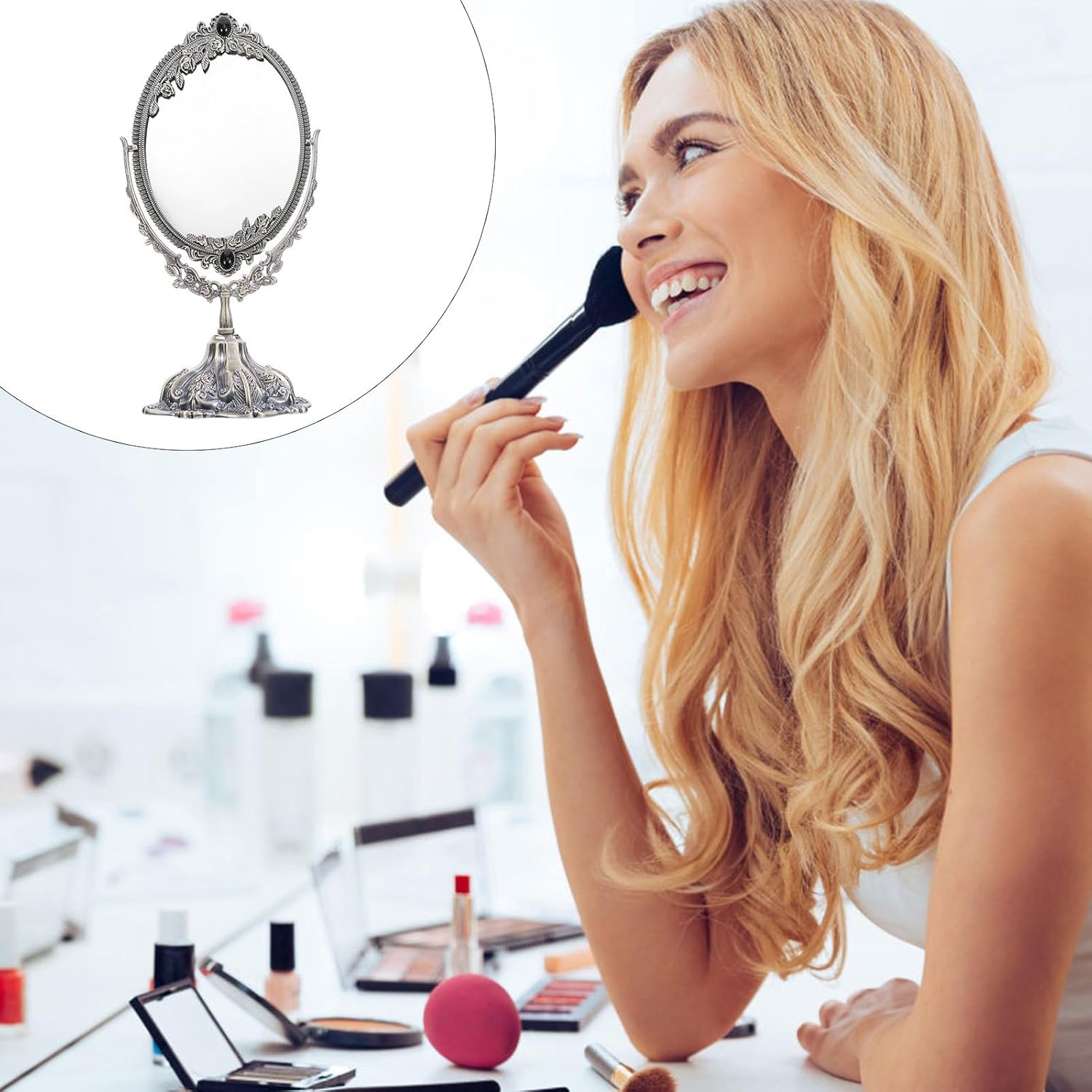 Retro Metal Double-Sided Swivel Tabletop Makeup Mirror Small Vintage Cosmetic Mirror with Stand for Bedroom Bathroom Dresser Decor