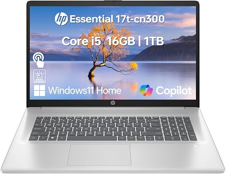HP Essential 17 Laptop AI PC, 17.3" Touchscreen, Intel Core i5-1334U 10 Cores, up to 4.6GHz Max Turbo, 16GB RAM, 1TB SSD, Backlit Keyboard, Fingerprint Reader, Wi-Fi 6, Windows 11 Home, Silver