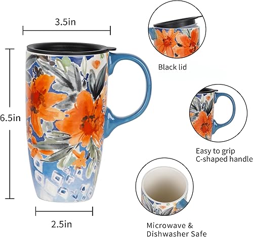 Miniatura 9 de Topadorn Taza de café de cerámica para regalo con tapa de 17 onzas, taza de té alta de porcelana con asa para el hogar y la oficina, taza con diseño