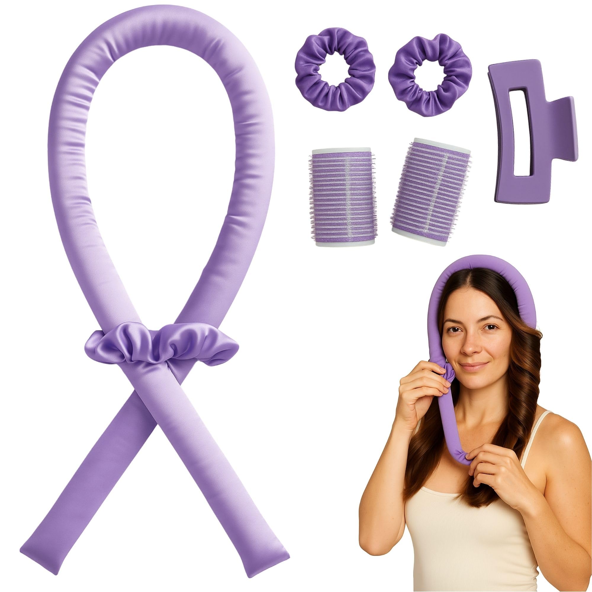 PINDAV Kit Bigodini Capelli Senza Calore – Curler + 2 Bigodini, 2 Elastici e 1 Molletta | Onde Morbide e Voluminose, Styling Facile e Sicuro, Adatto a Tutti i Tipi di Capelli, VIOLA