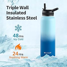 WixByti 40 oz Insulated Water Bottle with Straw (Cold for 48 Hrs), Stainless Steel Triple Wall Vacuum Sports Water Jug, Leakproof Hydro Cup Flask with Paracord Handle & Straw Spout Lids & DIY Stickers
