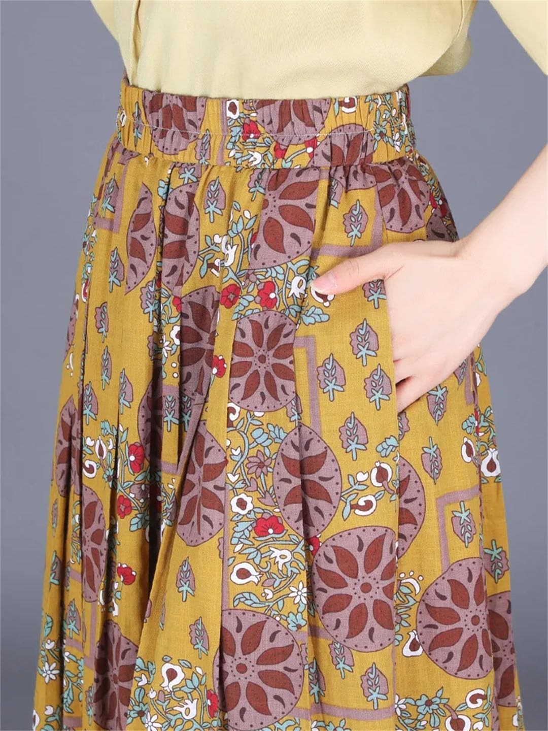 Womens Print Pleated Skirts Female Elastic High Waist Mid Long Pockets Big Swing Skirt