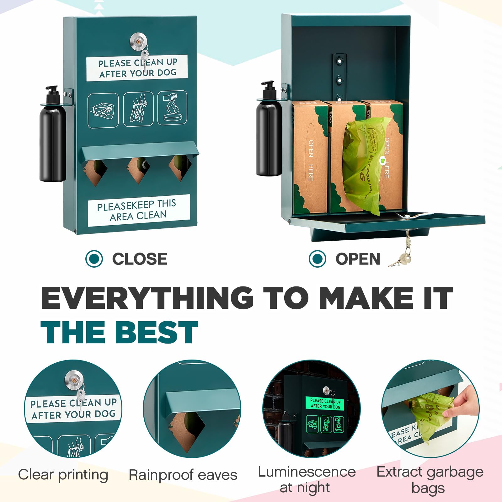 Abbylike Set di 2 dispenser per sacchetti per cani da esterno con sacchetti per cani e bottiglia disinfettante per le mani, stazione di cacca per cani verde, contenitore per rifiuti di cani da parete