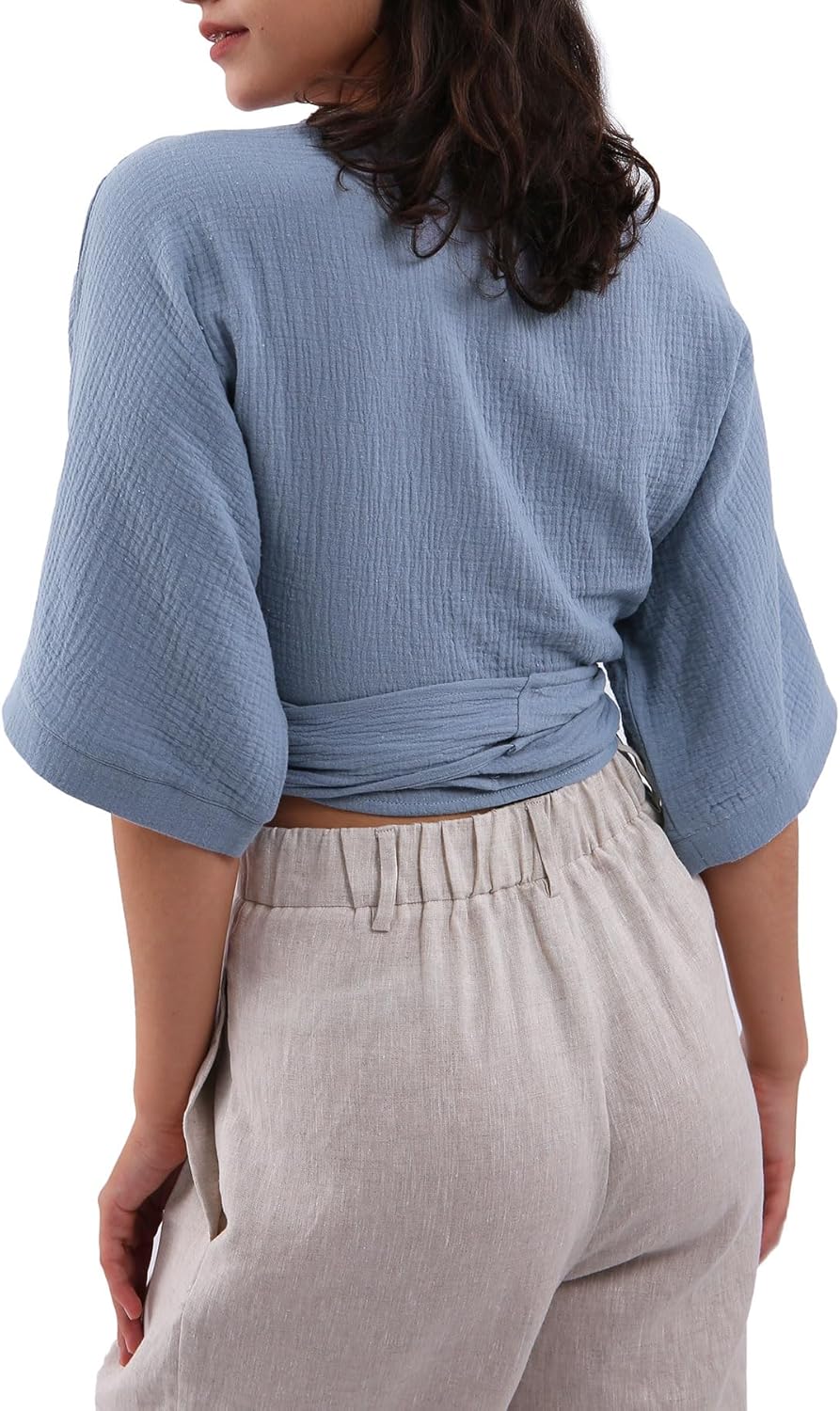 Amazhiyu Womens Summer Short Sleeve Crop Tops Cotton V Neck Self Tie Wrap Blouse - Image 2