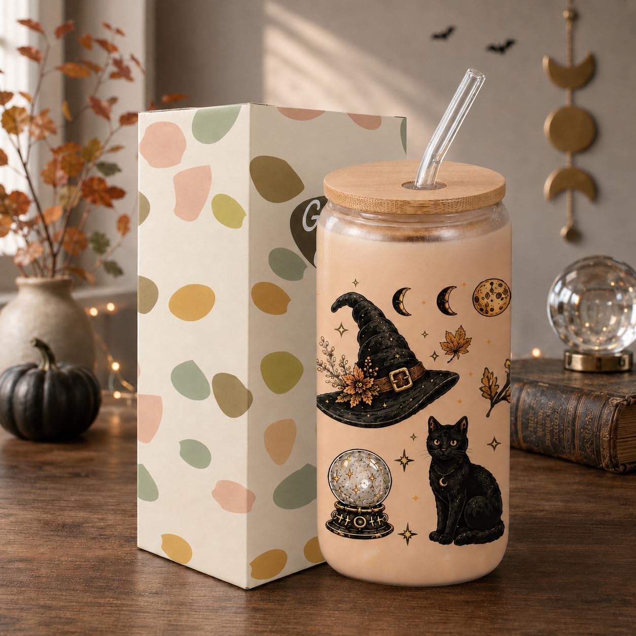 Lamyba Halloween Cups, Witch Halloween Glass Cups with Lid & Straw, Halloween Drinking Bottle,16oz