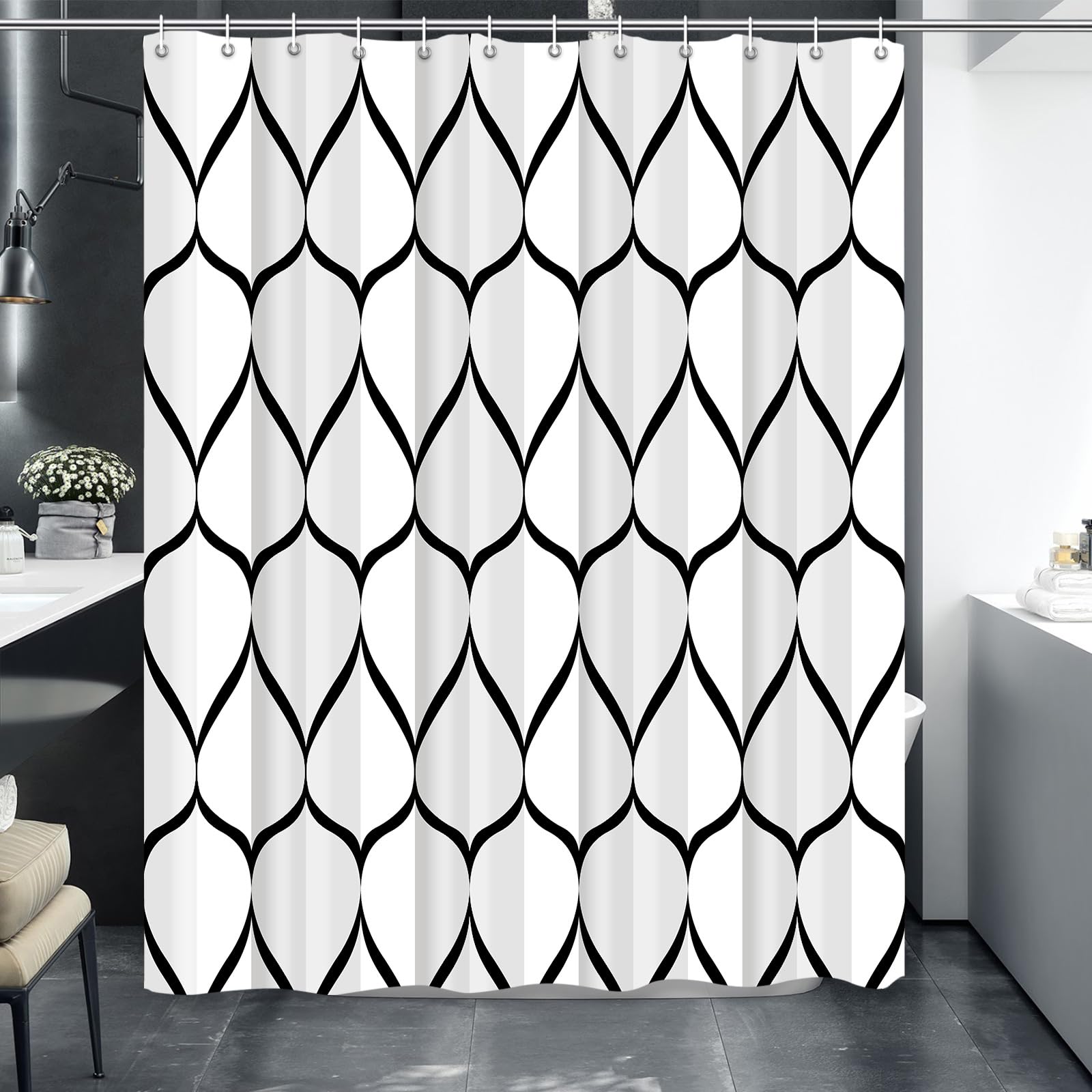 White & Black Geometric Shower Curtain – Waterproof Polyester, 72x72 Inches, 12 Hooks Included, Machine Washable - View #4