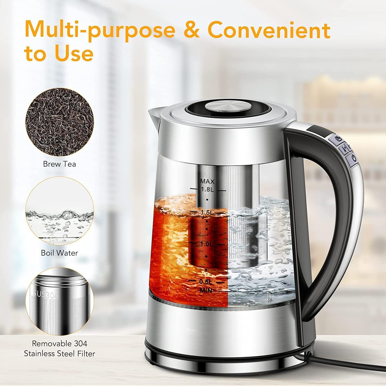 Electric Kettle with Temperature Control for Tea and Coffee, 1.8L 1500W, Keep Warm - Removable Infuser, Glass Tea Kettle Hot Water Boiler, BPA Free, Auto Shut Off, Boil-Dry Protection, Stainless Steel