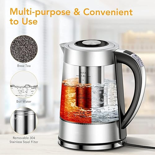 Miniatura 2 de Hervidor eléctrico con control de temperatura para té y café, 1.8L 1500W, mantiene el calor - Infusor extraíble, hervidor de té de vidrio, caldera