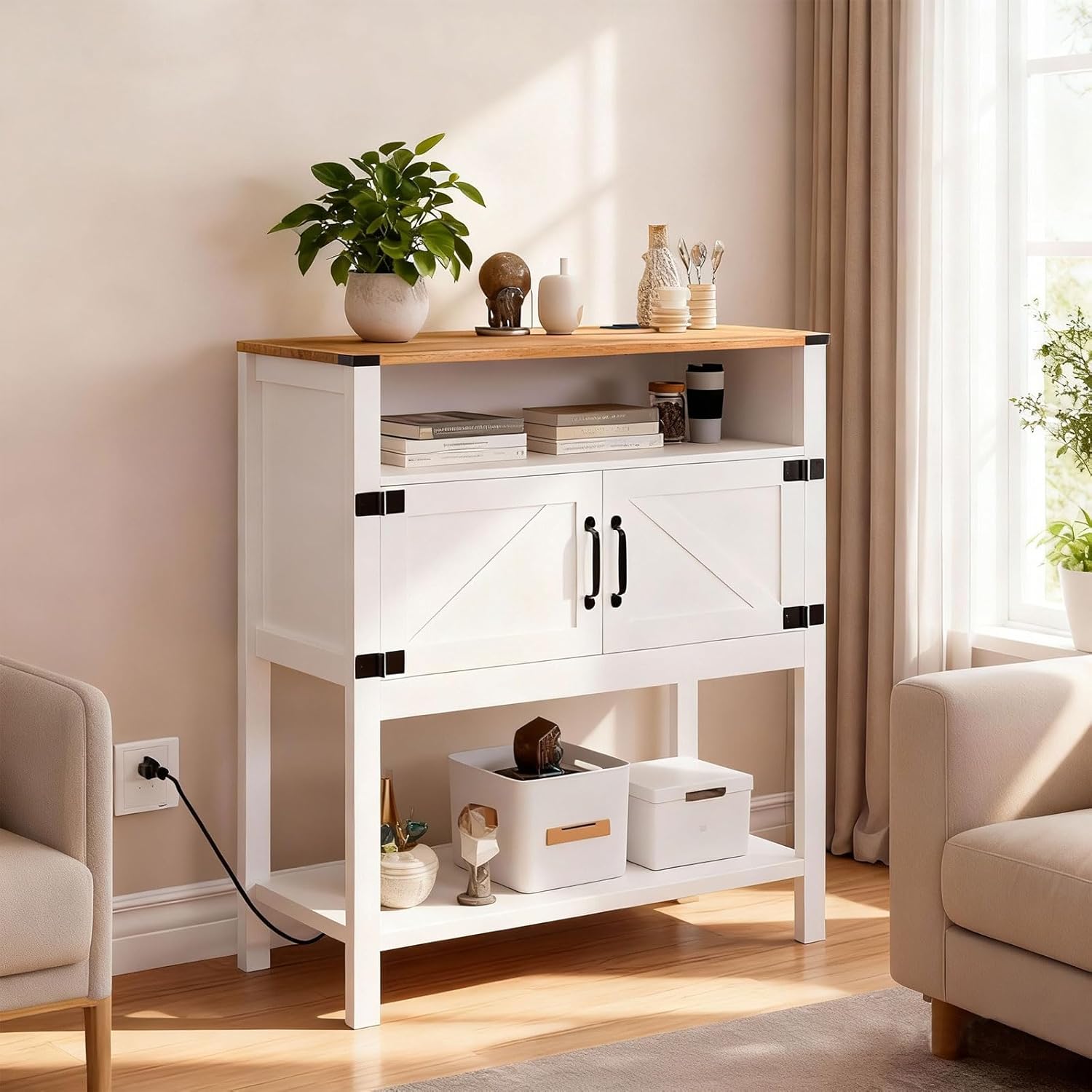 31.5" W Coffee Bar Cabinet with Outlets, 2-Door Farmhouse Console Table Sofa Storage Cabinet Narrow Buffet Sideboard for Kitchen, Pantry, Entryway, Hallway, Dining (Walnut White)