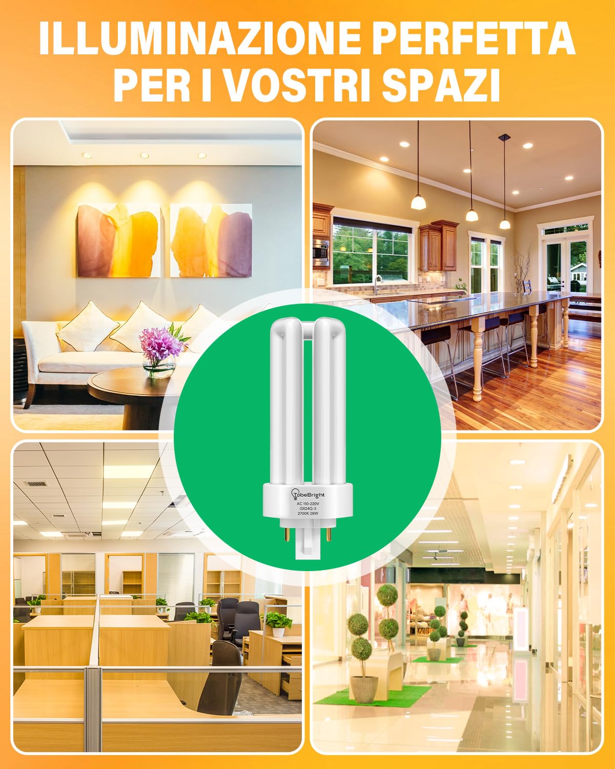 26W 4 Pin Lampadina Fluorescente Compatta Gx24Q-3 Base, Bianco Caldo 2700K 4 Pin Triple Tubo CFL PLT-26W 827 Plug in Lampadina CFL Risparmio Energetico per Ufficio Soggiorno Cucina, 10-pack