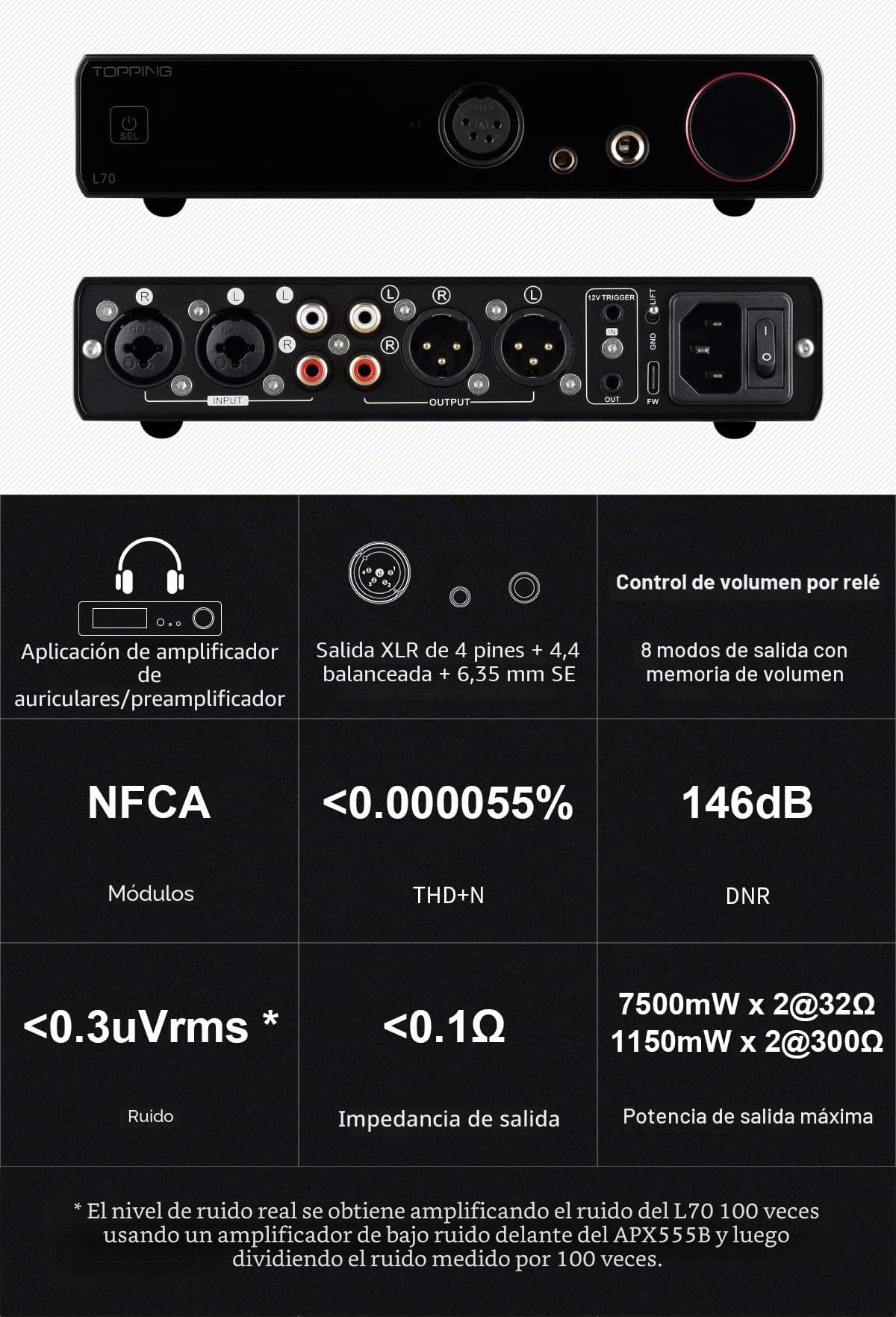 Topping L70 Amplificador de Auriculares NFCA Totalmente balanceado 4-Pin-XLR/4.4mm balanceado/6.35mm SE Amplificador de Auriculares 7500mWx2 Ouput R2R HiFi Amp Audio Hi-Res Preamplificador