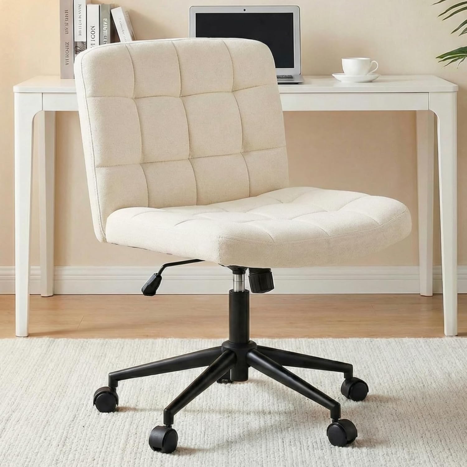 TLSUNNY Swivel Criss Cross Legged Chair, Armless Home Office Chair with Wheels and Comfy Wide Cushion, Height Adjustable for Desk, Vanity, Bedroom, Linen (Beige)