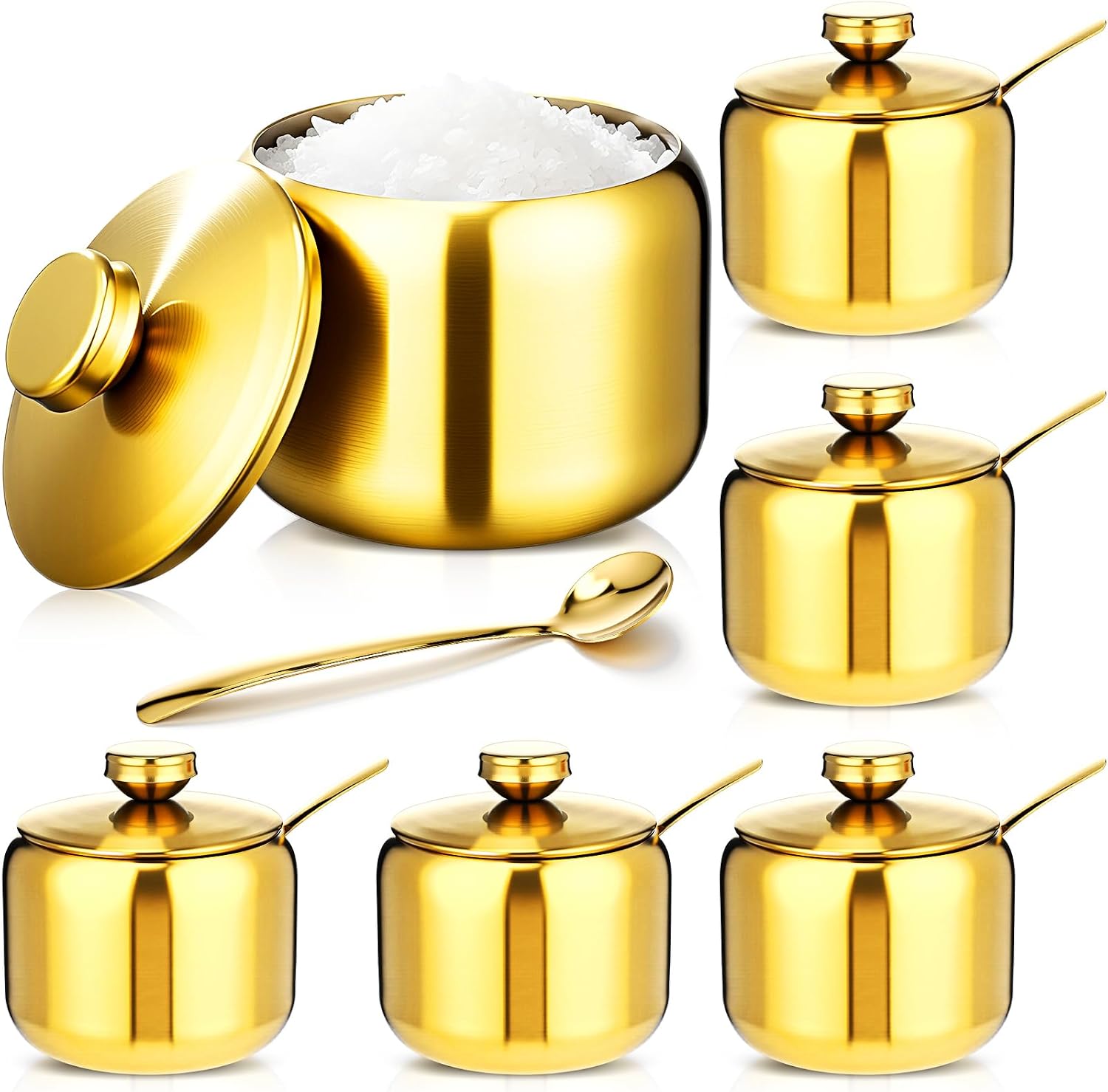 6 Pcs Stainless Steel Sugar Bowl with Lid and Spoon, 8.45 oz Sugar Containers Round Condiment Dispenser, Seasoning Jar for Serving Pepper Seasoning Bar Kitchen(Round Finial, Gold)