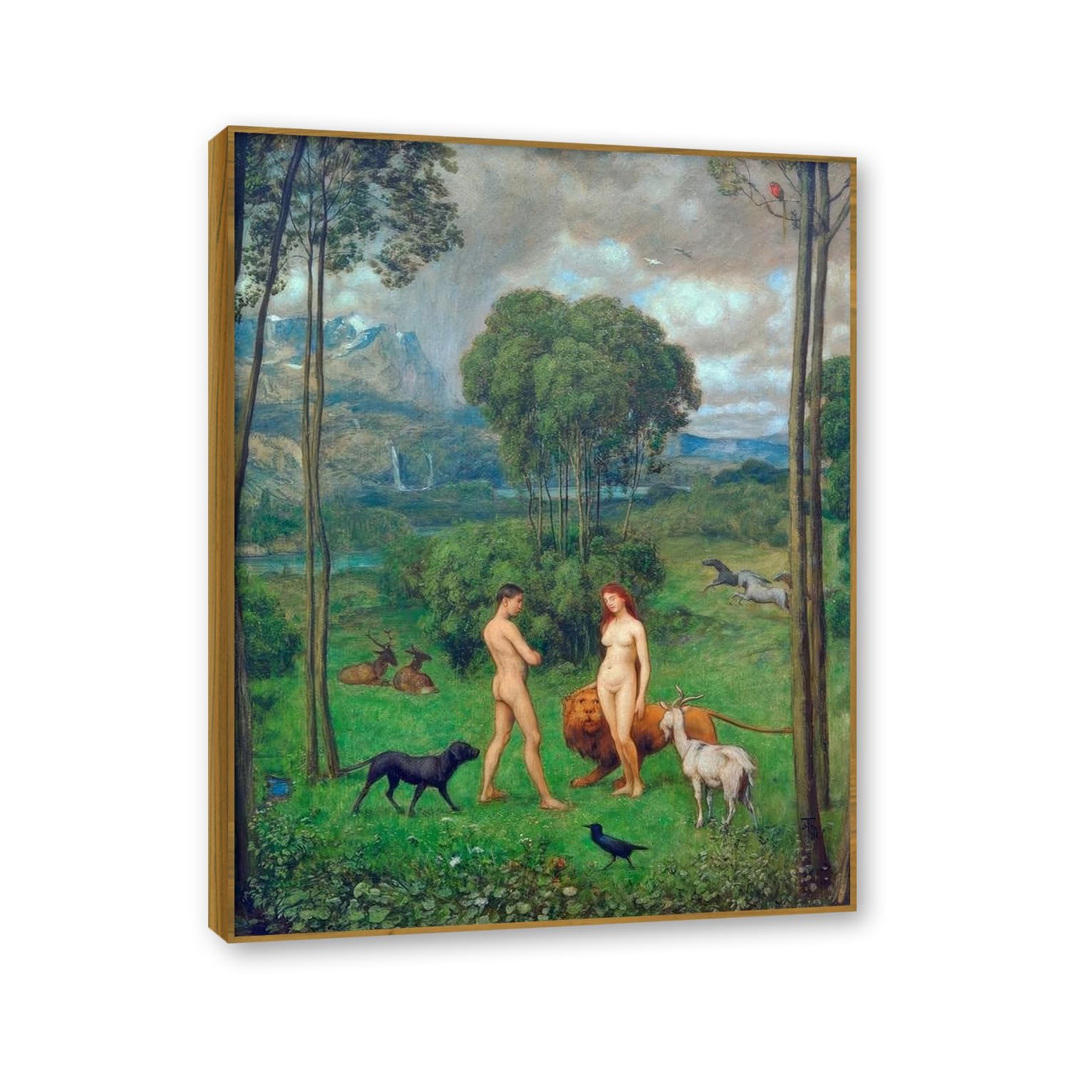 NHLDZYH Teak Frame. Hans Thoma Style Canvas Wall Art - (In Paradise), German Romantic Realism Painting with Symbolic Nature, Rustic Country Home Decor. 80x105cm-31.5x41.3in