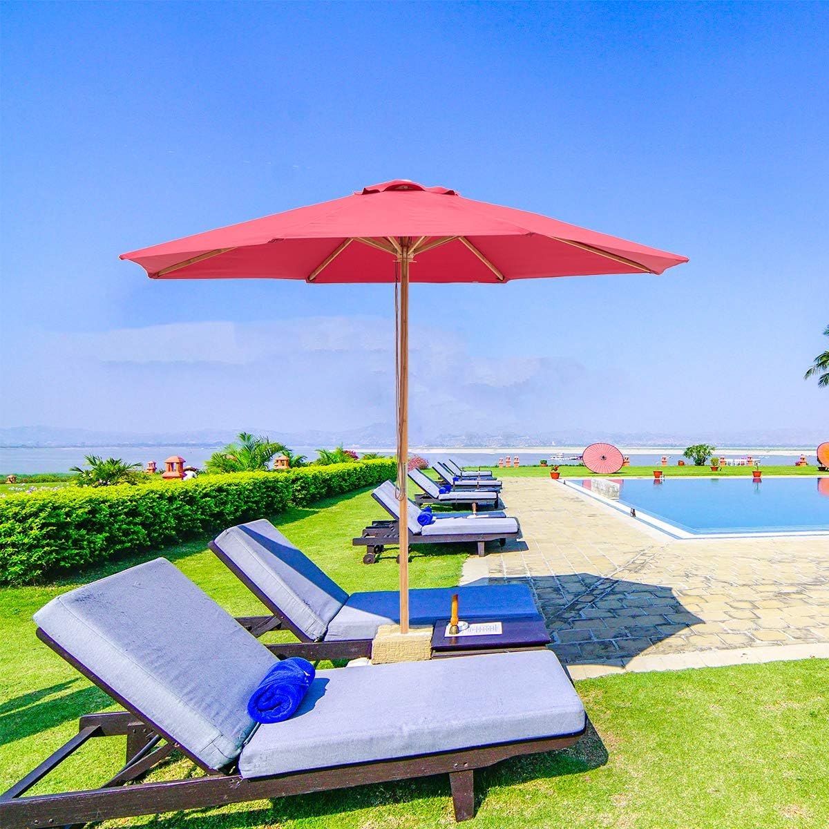 SUNBRANO 9ft Bamboo Outdoor Patio Umbrella Market Backyard Table Umbrella Pulley Lift, 8 Ribs, Red