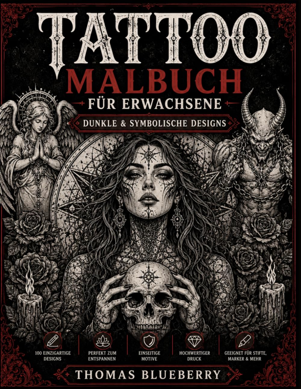 Tattoo Malbuch für Erwachsene – Dunkle & Symbolische Designs