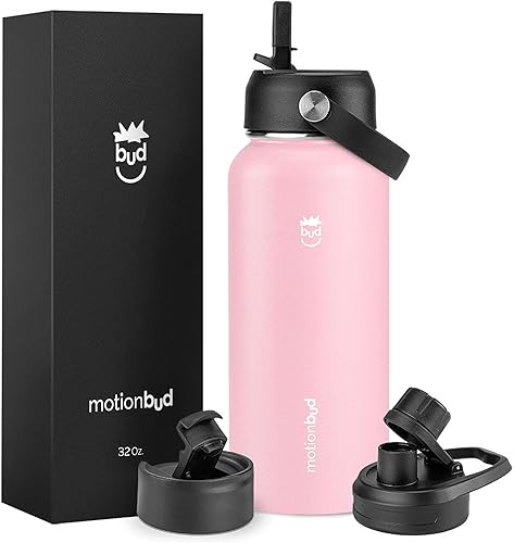 Miniatura 1 de Motionbud Botella de agua de 32 onzas, acero inoxidable, aislamiento de doble pared, a prueba de fugas, boca ancha, 3 tapas (tapa con pajilla) (rosa)