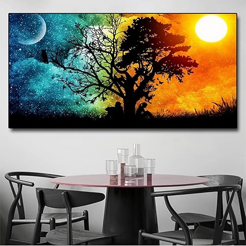 Miniatura 7 de Pintura abstracta de sol, luna, árbol, amor, paisaje, lienzo, arte de pared, póster para el hogar, sala de estar, dormitorio, impresión de 16 x 32