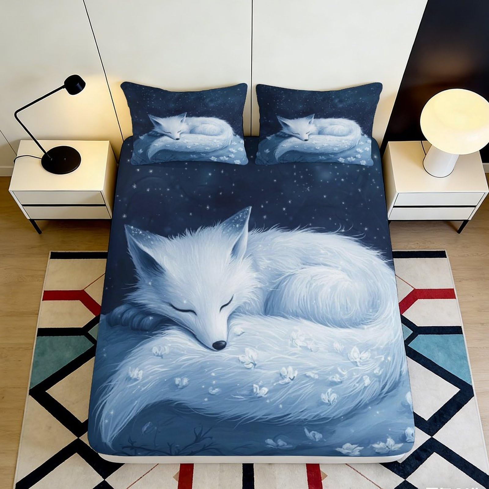3D Printed White Fox Fitted Sheet Microfiber Soft Breathable Starry Night Bed Cover for Bedroom Dormitory Guest Room Mattress Protection 160x200x25cm