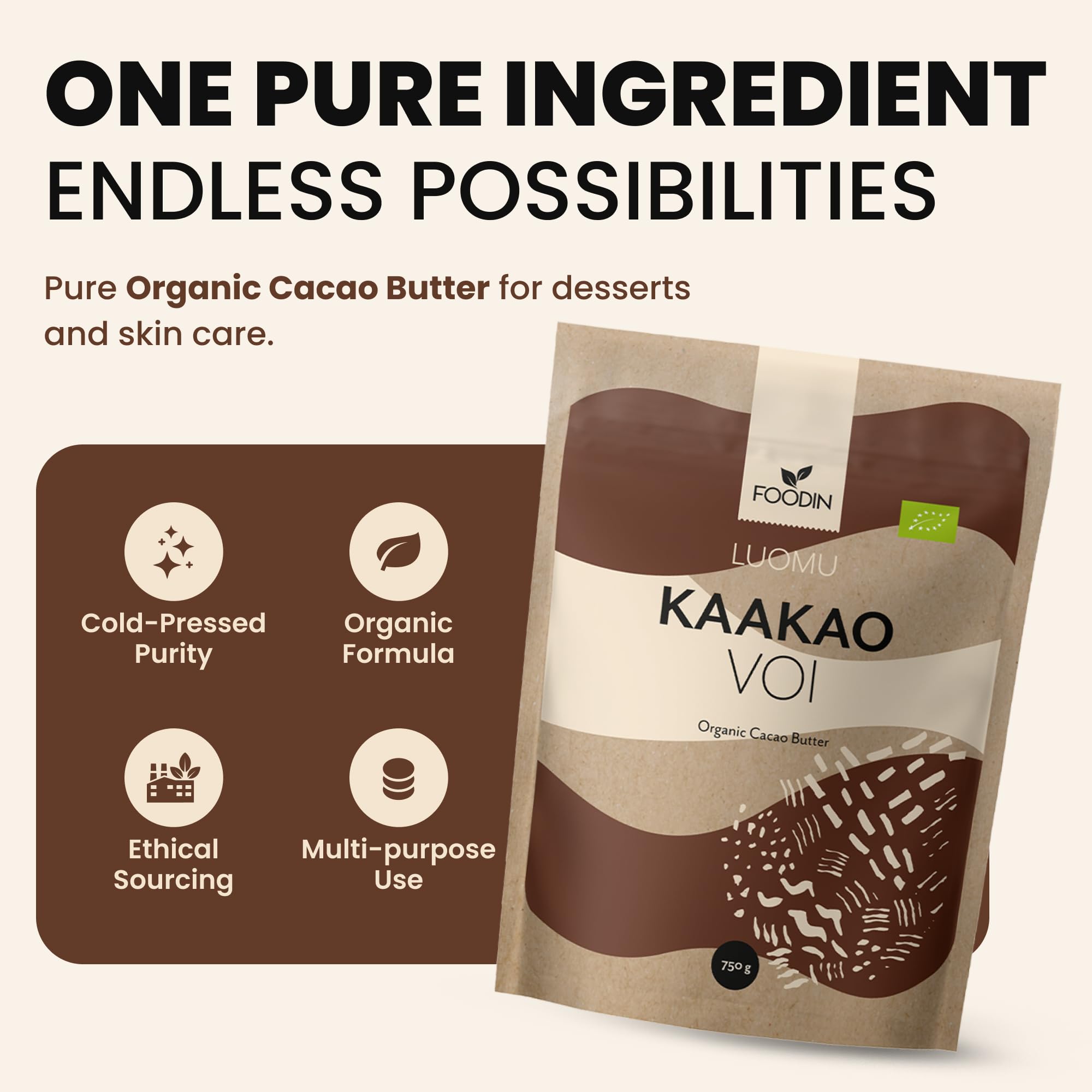 FOODIN Manteca de cacao ecológica — Kakaobutter pura para cuidado de la piel – Ideal para repostería, postres y cocina – Aroma suave y nutritivo – 750 g
