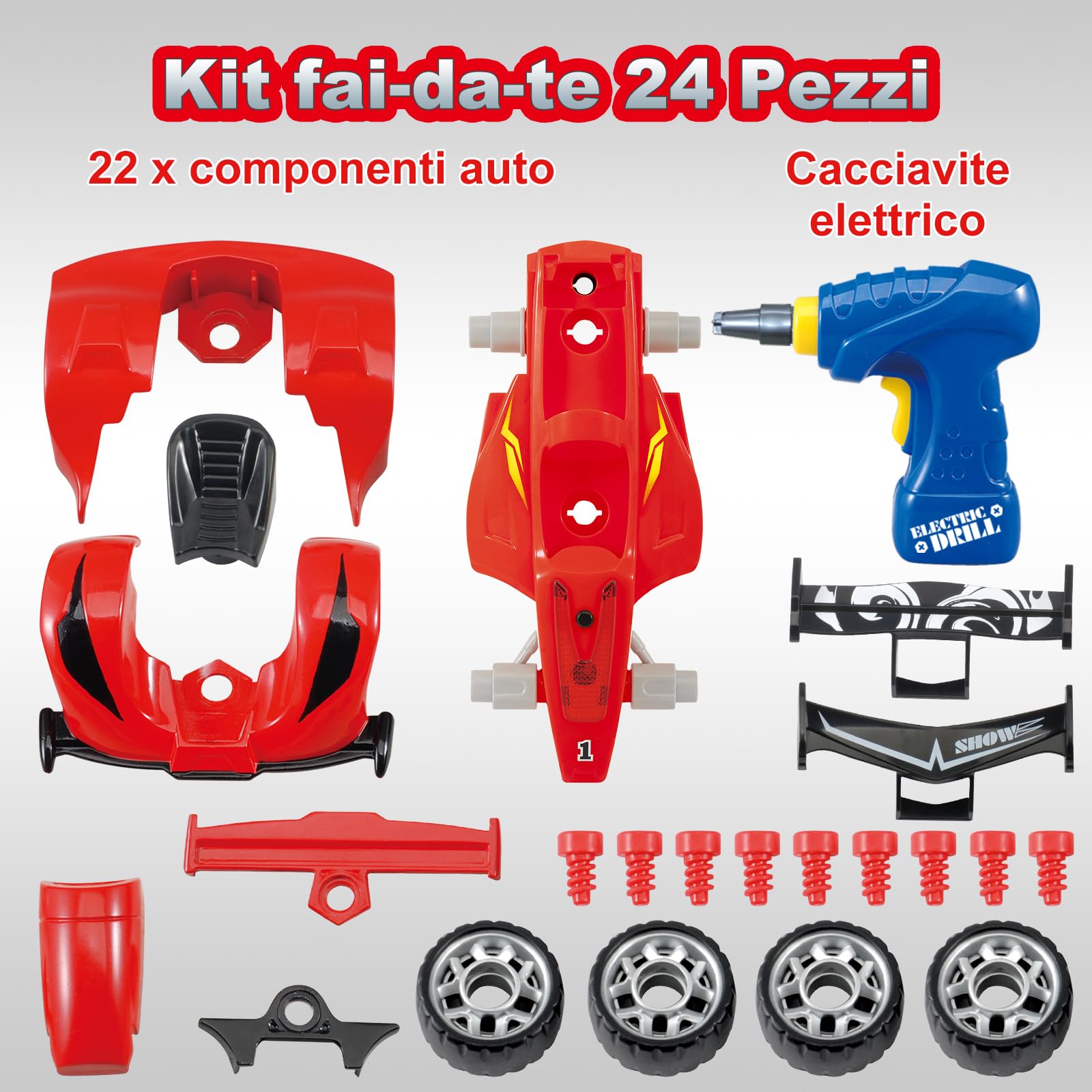 Pup Go Smonta e Rimonta F1 Auto da Corsa per Bambini 3+ Anni, 24 Pezzi con Trapano Elettrico di Simulazione, Suono Realistico e LED, Costruisci Tua Auto Giocattolo, Migliori Regali per Ragazzi (Rosso)