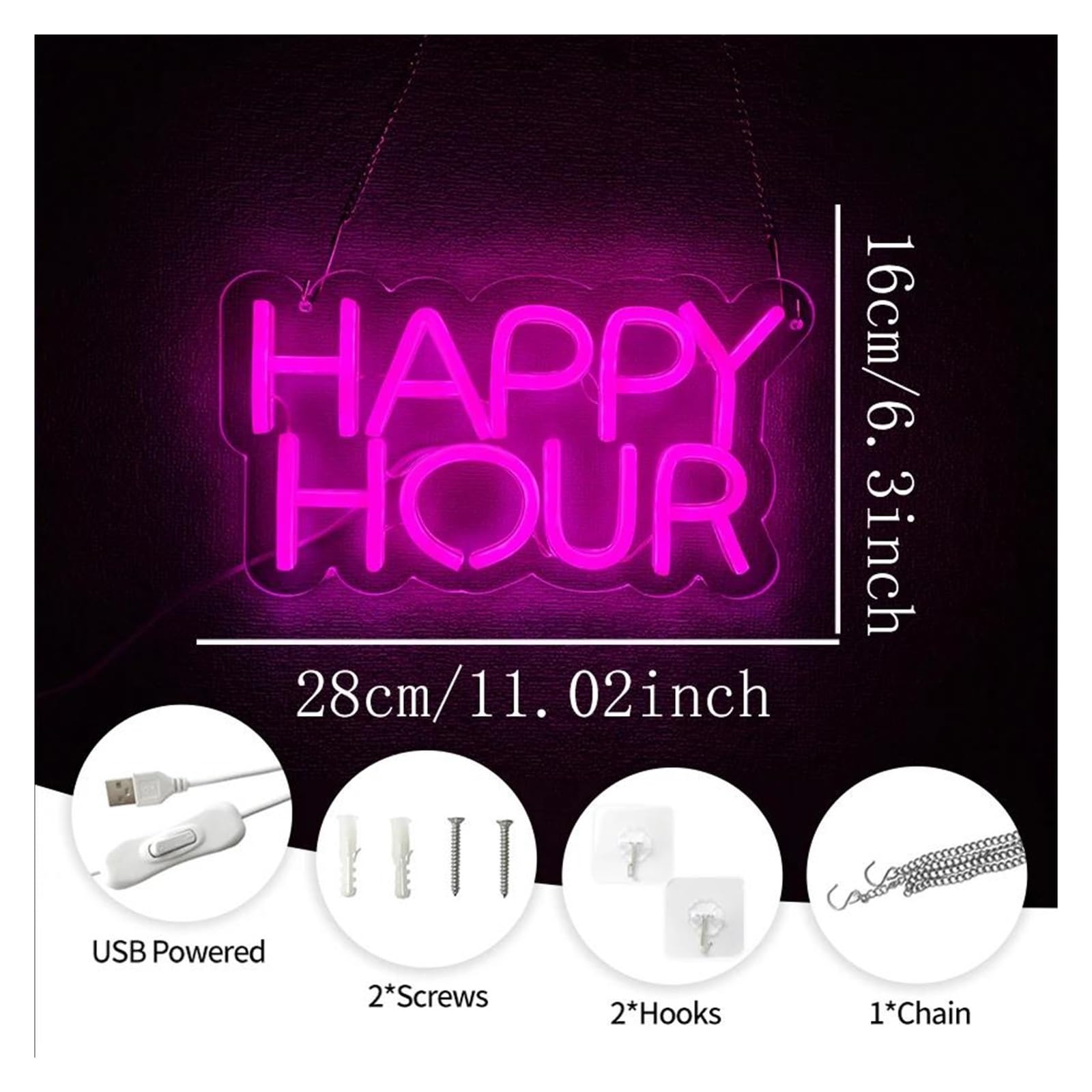 Luz de Diseño de Digital Luz LED Con Letras De Neón Happy Hour Alimentada Por USB Regulable Para El Hogar Bar Celebración De Cumpleaños Fiesta, Decoración Artística 28cmx16cm