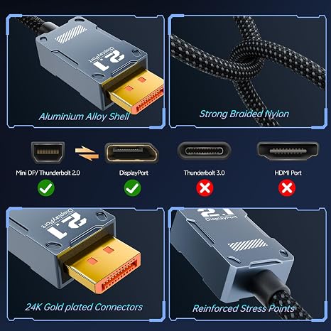 Mini DisplayPort to DisplayPort 2.1 Cable 80Gbps, 16K@60Hz, 8K@120Hz, 4K@240Hz HDR VRR DSC G-Sync Bidirectional DP to Mini DP for Graphics Cards Laptop Gaming Monitor, Nylon Braided (2M/6.6 FT)